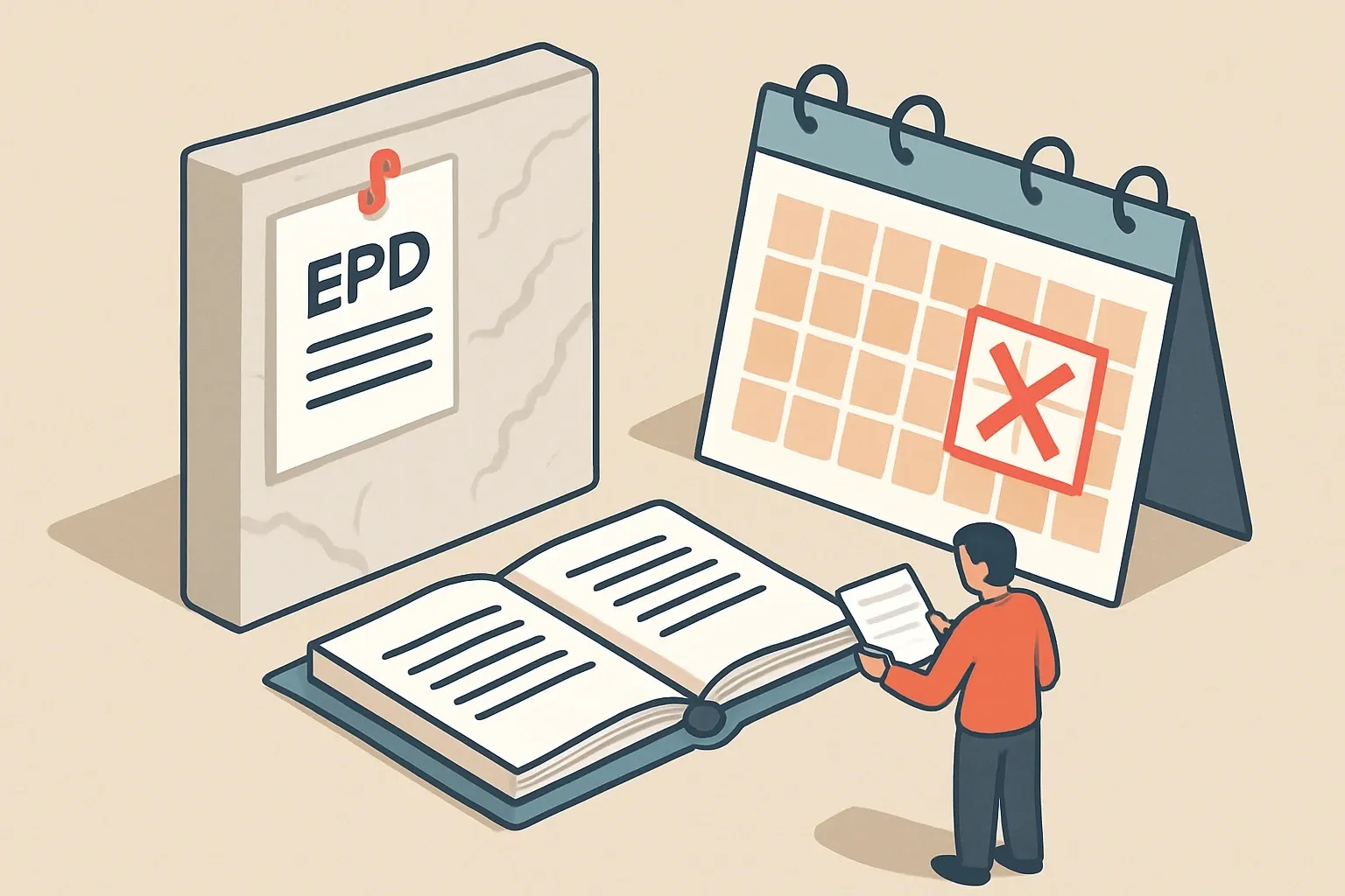 Generate an illustration for an article following this concept:

Daltile quartz EPDs face March 2027 expiry
Specifiers working with Daltile’s engineered stone should plan ahead. Two ONE Quartz Surfaces declarations, the 20 mm and 30 mm thicknesses, are scheduled to expire on March 25, 2027. If replacements are not live by then, those SKUs may fall off shortlists on projects that require product‑specific EPDs, and teams will pivot to brands with current declarations. The fastest way to avoid a blackout window is to begin renewal data pulls now while existing EPDs are still valid.

Ensure that you use no text, as this illustration will be used on international translations of the article..

Use an illustrative style (e.g. isometic) and don't generate in a photorealistic style.