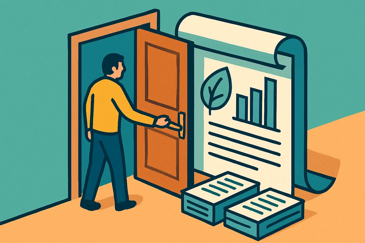 Generate an illustration for an article following this concept:

Edux’s first EPDs open the door to more specs
Door buyers hate uncertainty. With project teams leaning harder on product‑specific declarations, a missing EPD can quietly push a good product off the shortlist. Edux just fixed that. Their debut wave of Environmental Product Declarations covers core door lines and gives specifiers third‑party‑verified data they can actually use at bid time.

Ensure that you use no text, as this illustration will be used on international translations of the article..

Use an illustrative style (e.g. isometic) and don't generate in a photorealistic style.
