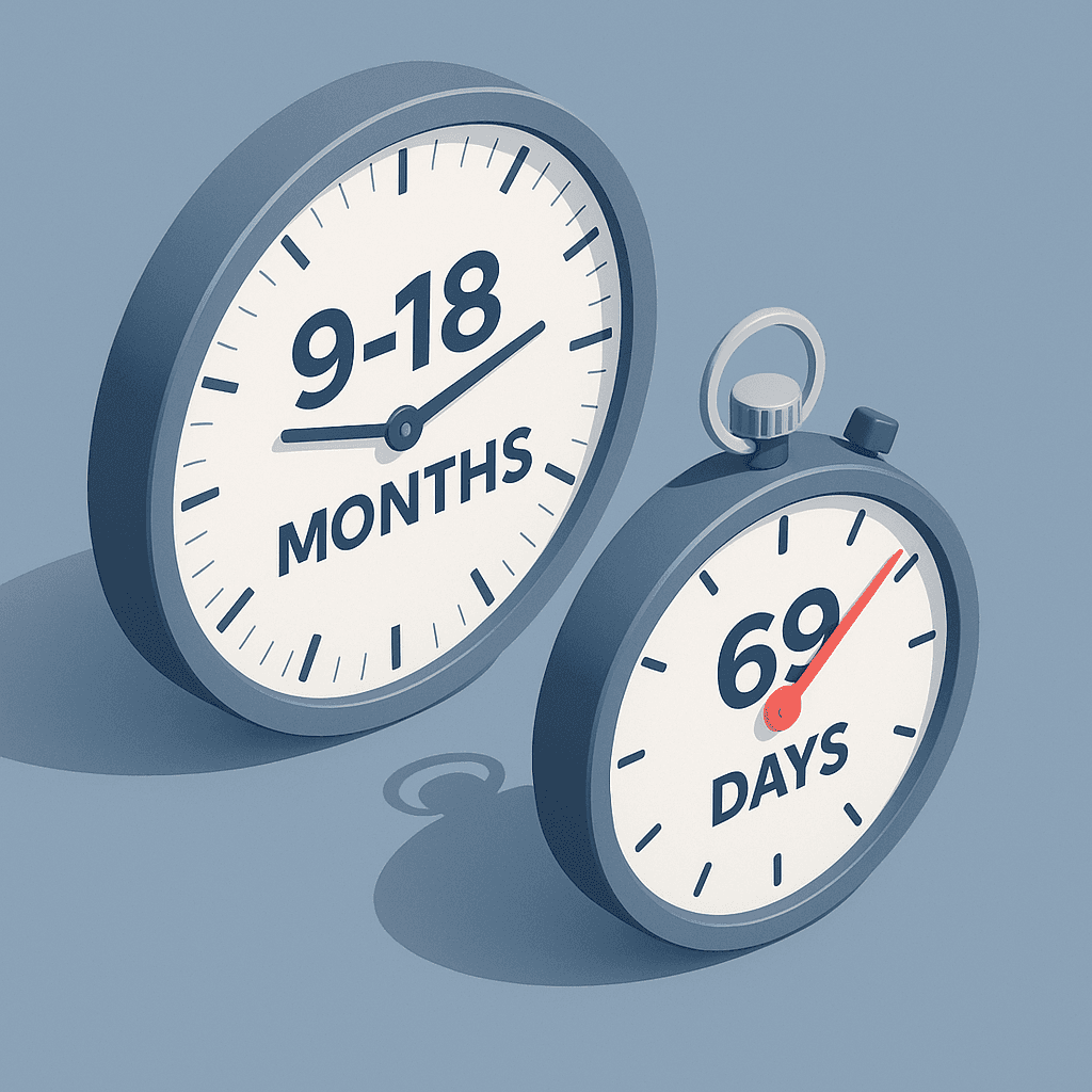 A clock illustrating traditional timelines of 9-18 months and a stopwatch illustrating Parq's delivery within 69 days