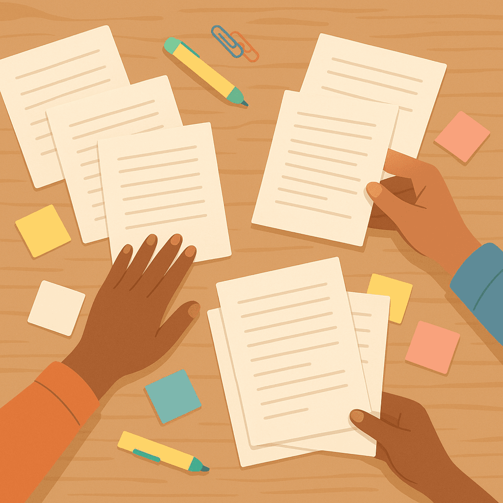 Hands organizing scattered paperwork