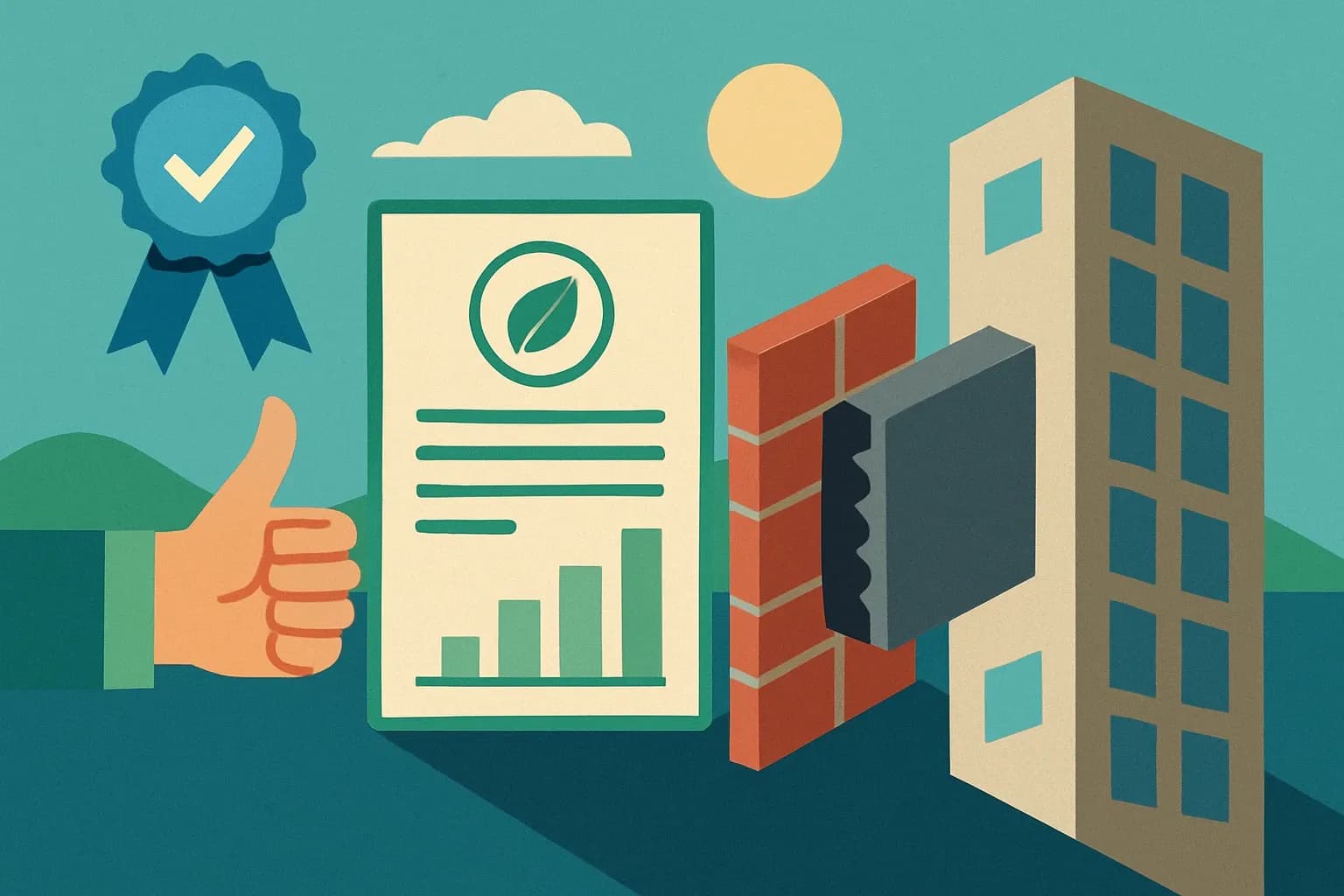 Generate an illustration for an article following this concept:

Congrats PFC Corofil, first EPD is live
PFC Corofil has entered the transparency arena. In July 2025 they published a product‑specific Environmental Product Declaration for an open‑state cavity barrier used in ventilated façades. That single document turns a core fire‑stopping line into a spec‑ready choice on projects where verified numbers clear the way for faster approvals.

Ensure that you use no text, as this illustration will be used on international translations of the article..

Use an illustrative style (e.g. isometic) and don't generate in a photorealistic style.
