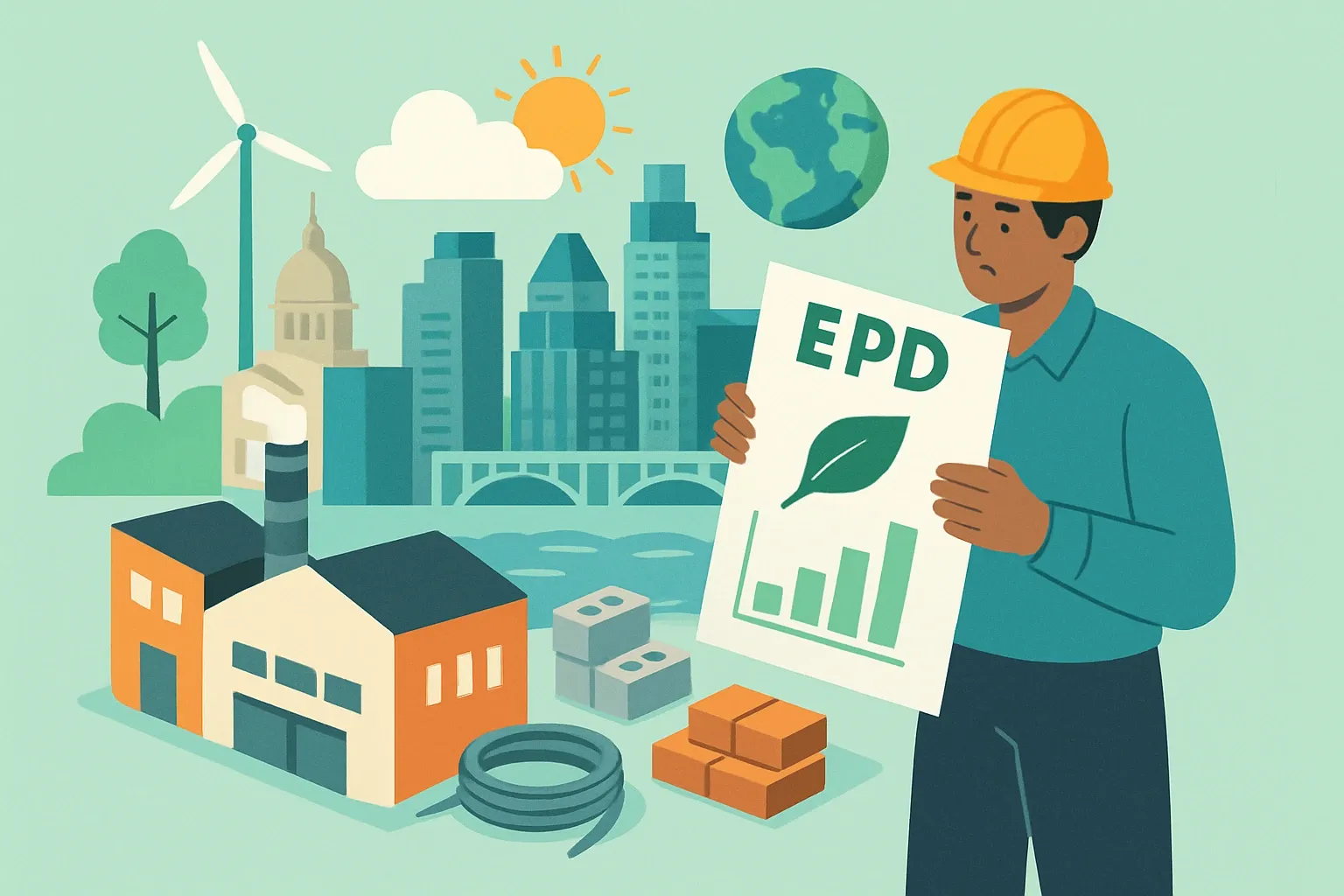 Generate an illustration for an article following this concept:

Austin’s Climate Equity Plan, Decoded for Manufacturers
Austin set a citywide target to reach net‑zero by 2040 and to cut the embodied carbon of building materials used locally by 40% by 2030. That single number changes how products get specified in public and private projects across the metro. If your materials show up in Austin bids without an EPD, someone else’s product with one becomes the safer choice. (City of Austin, 2025) ([City of Austin, 2025](https://www.austintexas.gov/page/austin-climate-equity-plan)). citeturn1search3

Ensure that you use no text, as this illustration will be used on international translations of the article..

Use an illustrative style (e.g. isometic) and don't generate in a photorealistic style.