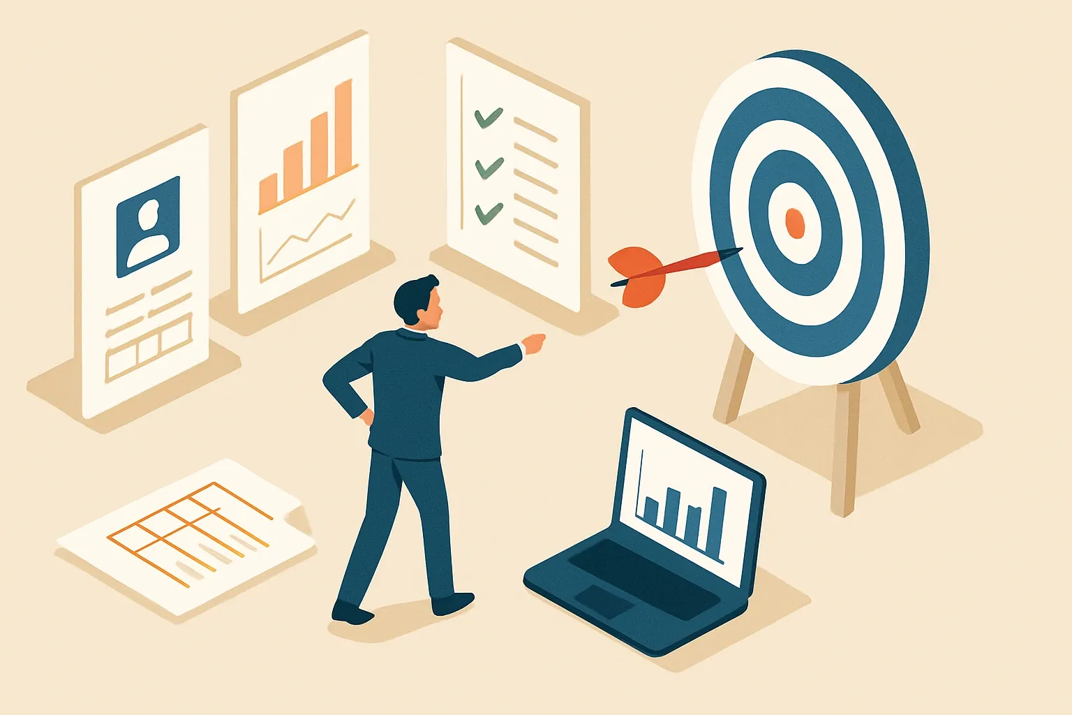 Generate an illustration for an article following this concept:

Prioritize EPDs with competitor specs and project data
Picking the first EPDs in a big portfolio can feel like throwing darts in the dark. A better play is to fuse sales reality with external signals from specs, RFQs, submittals, and public registries. Do that well and the first wave of declarations lands on products that unlock bids, not just the ones with the loudest internal champion.

Ensure that you use no text, as this illustration will be used on international translations of the article..

Use an illustrative style (e.g. isometic) and don't generate in a photorealistic style.