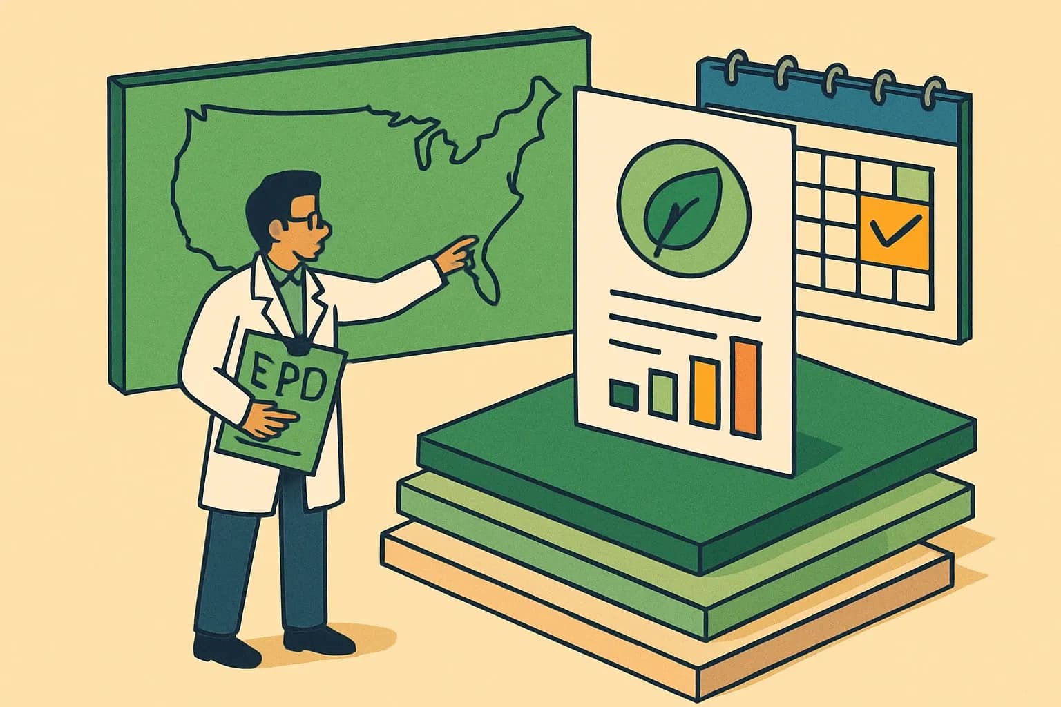 Generate an illustration for an article following this concept:

EPDs for U.S. roof cover boards, the data guide
Planning a new Environmental Product Declaration in 2026 for roof cover boards, coverboard, roof protection board, or recovery board in the United States? Here is the definitive snapshot of who is publishing, which PCRs competitors choose, and when renewals are likely to hit so you can time your move with confidence.

Ensure that you use no text, as this illustration will be used on international translations of the article..

Use an illustrative style (e.g. isometic) and don't generate in a photorealistic style.