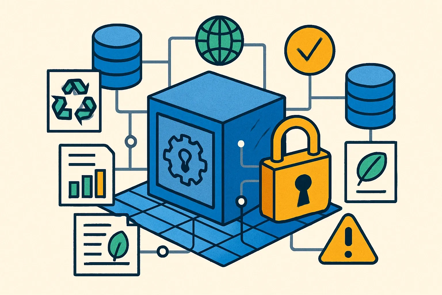 Generate an illustration for an article following this concept:

Designing a Secure Product Intelligence Vault for EPDs
Environmental and regulatory questions keep multiplying while product data sits scattered across ERPs, shared drives, and inboxes. A secure product intelligence vault pulls the pieces together into one permissioned, machine‑readable source of truth so teams can answer sales and compliance questions in minutes, not weeks. Here is the architecture that turns EPDs, LCAs, PCFs, SDSs, and supplier declarations into a continuously updated, spec‑ready asset.

Ensure that you use no text, as this illustration will be used on international translations of the article..

Use an illustrative style (e.g. isometic) and don't generate in a photorealistic style.