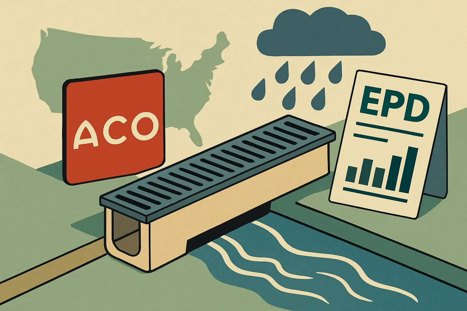 Generate an illustration for an article following this concept:

ACO USA: drains, stormwater and the EPD gap
ACO’s name is synonymous with trench drains and smart stormwater. Yet for many bid packages, product‑specific EPDs are now a quiet gatekeeper to getting specified. Here is how ACO’s U.S. range stacks up, where the EPD coverage looks thin, and why closing that gap pays back quickly.

Ensure that you use no text, as this illustration will be used on international translations of the article..

Use an illustrative style (e.g. isometic) and don't generate in a photorealistic style.