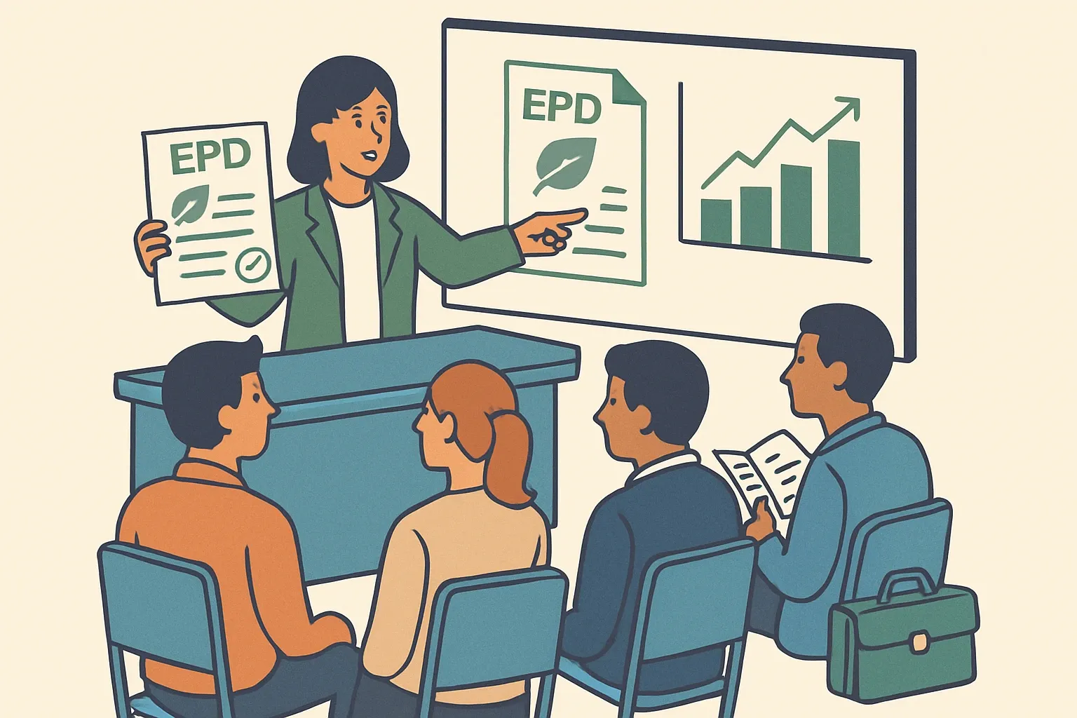 Generate an illustration for an article following this concept:

Train sales reps to use EPDs with confidence
Sales teams do not need to become LCA analysts to win specs. They need field‑level fluency that unlocks first conversations, keeps them in the bid, and signals reliability to architects and GCs. When reps know what an EPD is, when it matters, which answers live inside it, and what to escalate, they stop avoiding sustainability asks and start using EPDs as a commercial advantage. This playbook shows how to build rep confidence fast, with talk tracks, objection handling, and product‑specific cheat sheets that fit in a bag, not a binder.

Ensure that you use no text, as this illustration will be used on international translations of the article..

Use an illustrative style (e.g. isometic) and don't generate in a photorealistic style.