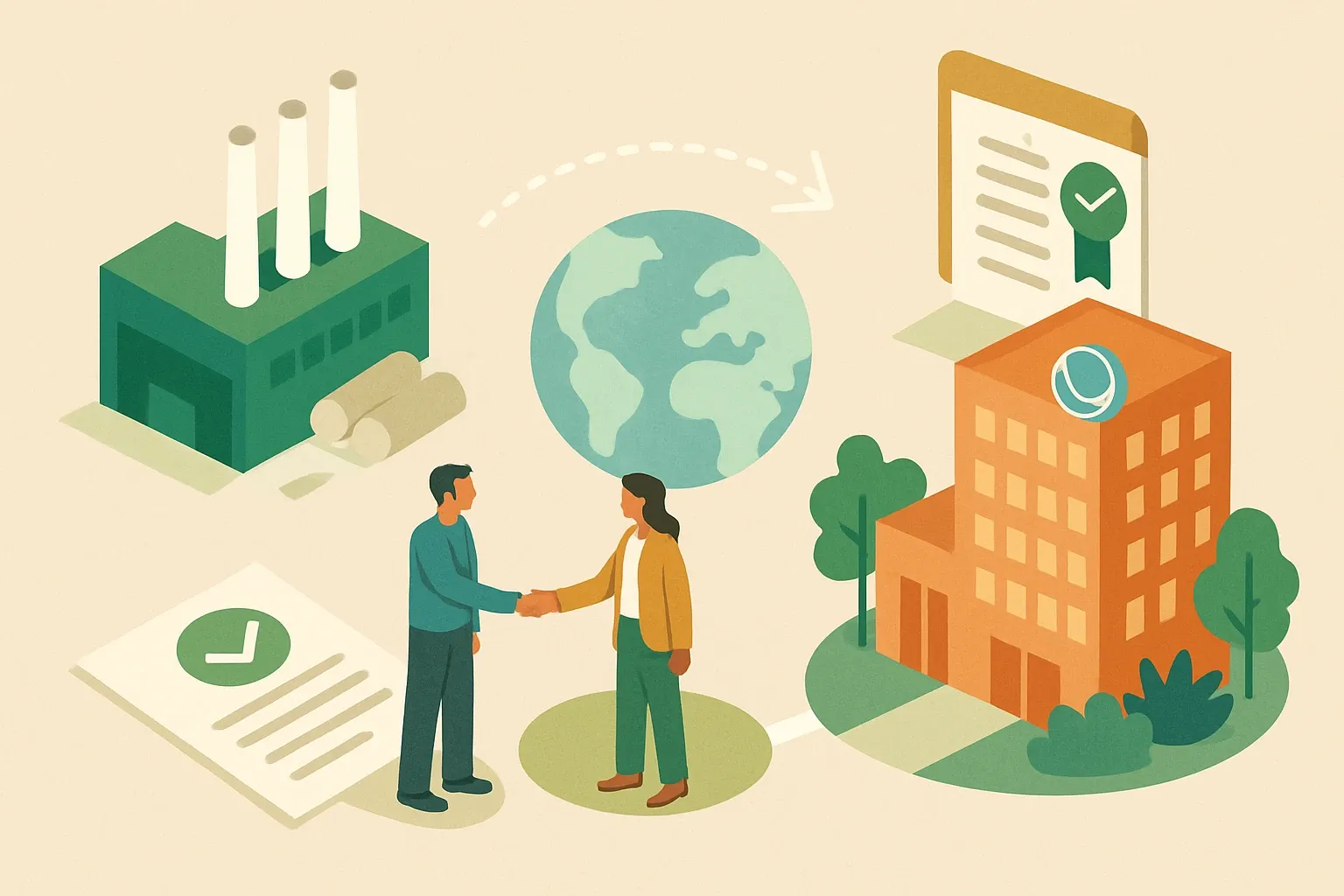 Generate an illustration for an article following this concept:

HPDs in WELL: From Vendor to Wellness Partner
WELL v2 is now the North Star for people‑first offices. When manufacturers supply clean, credible ingredient data through HPDs, they unlock material transparency credits and help building owners hit performance targets. The upside is commercial, not just compliance. WELL spans 6 billion square feet across nearly 100,000 locations in 137 countries, with Fortune and Global 500 participation topping 180 companies (IWBI, 2025). Healthy, certified spaces command 4.4% to 7.7% higher rents, a real Wellness Premium that rolls up into asset value (MIT Real Estate Innovation Lab, 2020).

Ensure that you use no text, as this illustration will be used on international translations of the article..

Use an illustrative style (e.g. isometic) and don't generate in a photorealistic style.