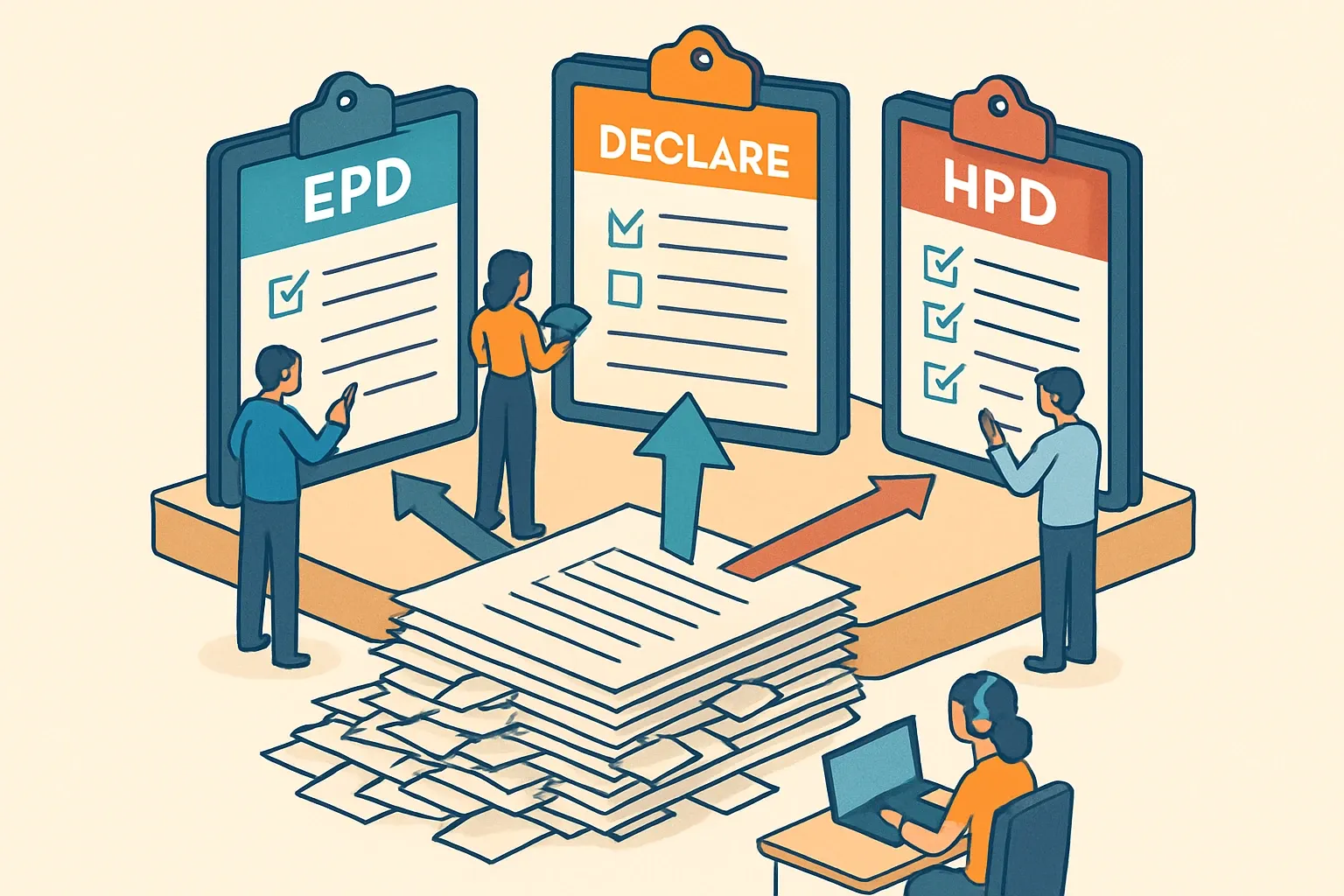Generate an illustration for an article following this concept:

HPDs, EPDs, and Declare: One Data Foundation
Three labels. One pile of product data. Most teams still run HPDs, EPDs, and Declare like separate marathons, repeating supplier emails and retyping the same BOMs. The smarter move is to treat these as different scorecards fed by the same playbook. That shift cuts back‑and‑forth, speeds reviews, and makes adding the next program feel like switching playlists rather than rebuilding a studio.

Ensure that you use no text, as this illustration will be used on international translations of the article..

Use an illustrative style (e.g. isometic) and don't generate in a photorealistic style.
