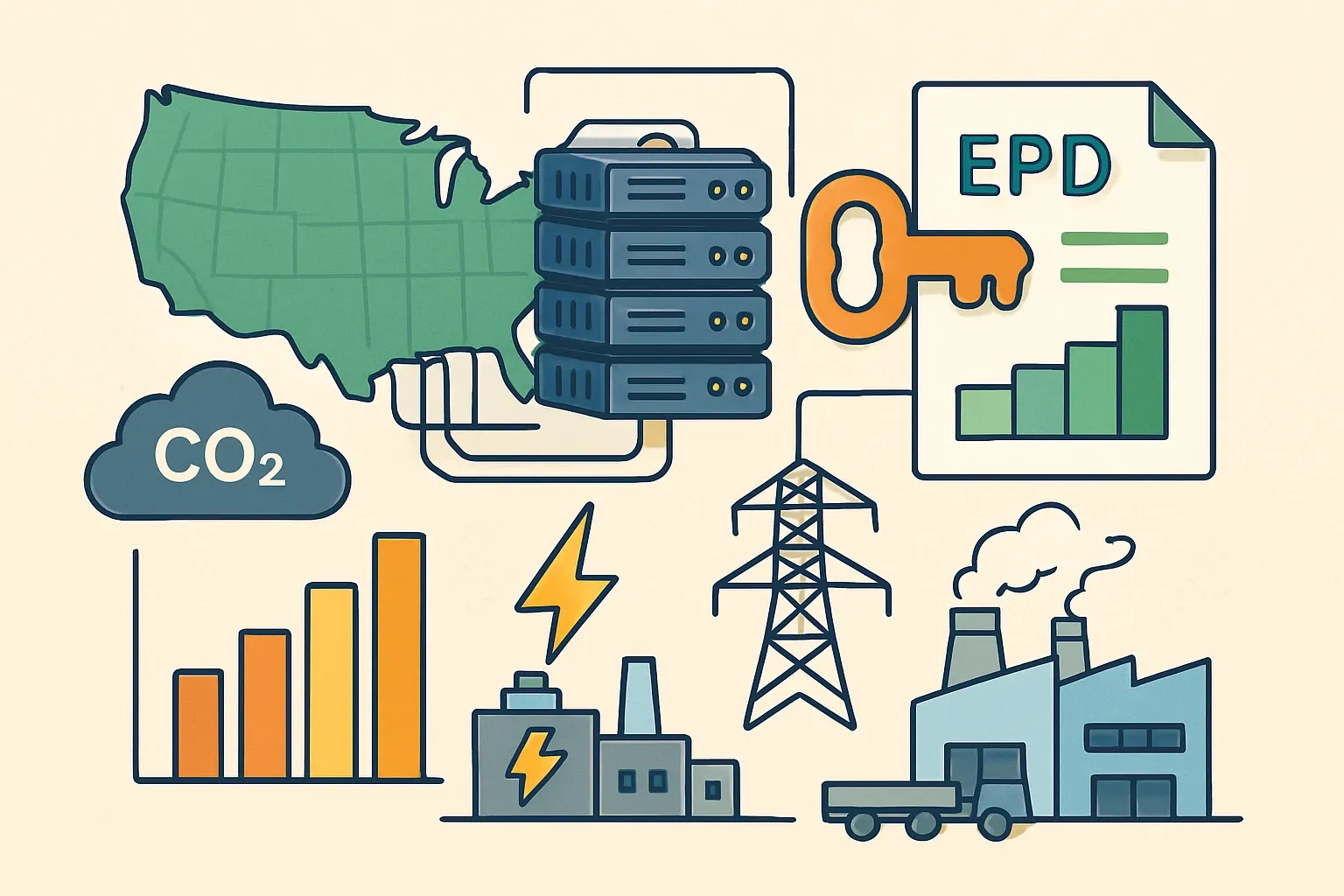 Generate an illustration for an article following this concept:

EPA eGRID, decoded for manufacturer EPDs
Electricity is the silent heavyweight in many LCAs. EPA’s eGRID dataset decides how carbon intensive that electricity is for your plants, which then shapes A1 to A3 results and the story your EPD tells. Use the right region and year and your numbers sing. Miss it and you leave accuracy and specs on the table.

Ensure that you use no text, as this illustration will be used on international translations of the article..

Use an illustrative style (e.g. isometic) and don't generate in a photorealistic style.