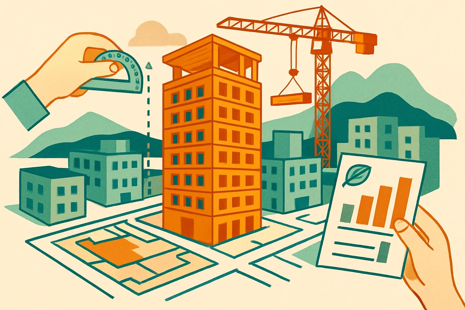Generate an illustration for an article following this concept:

Vancouver mass timber zoning variances, By-law 3575 decoded
Vancouver now lets mass timber projects stretch higher and go further on floor area in the right zones. For manufacturers, this is not abstract policy. It is tomorrow’s bid list, because every meter gained nudges pro formas toward wood, and teams will prioritize suppliers who make embodied‑carbon compliance simple and defensible with product‑specific EPDs.

Ensure that you use no text, as this illustration will be used on international translations of the article..

Use an illustrative style (e.g. isometic) and don't generate in a photorealistic style.
