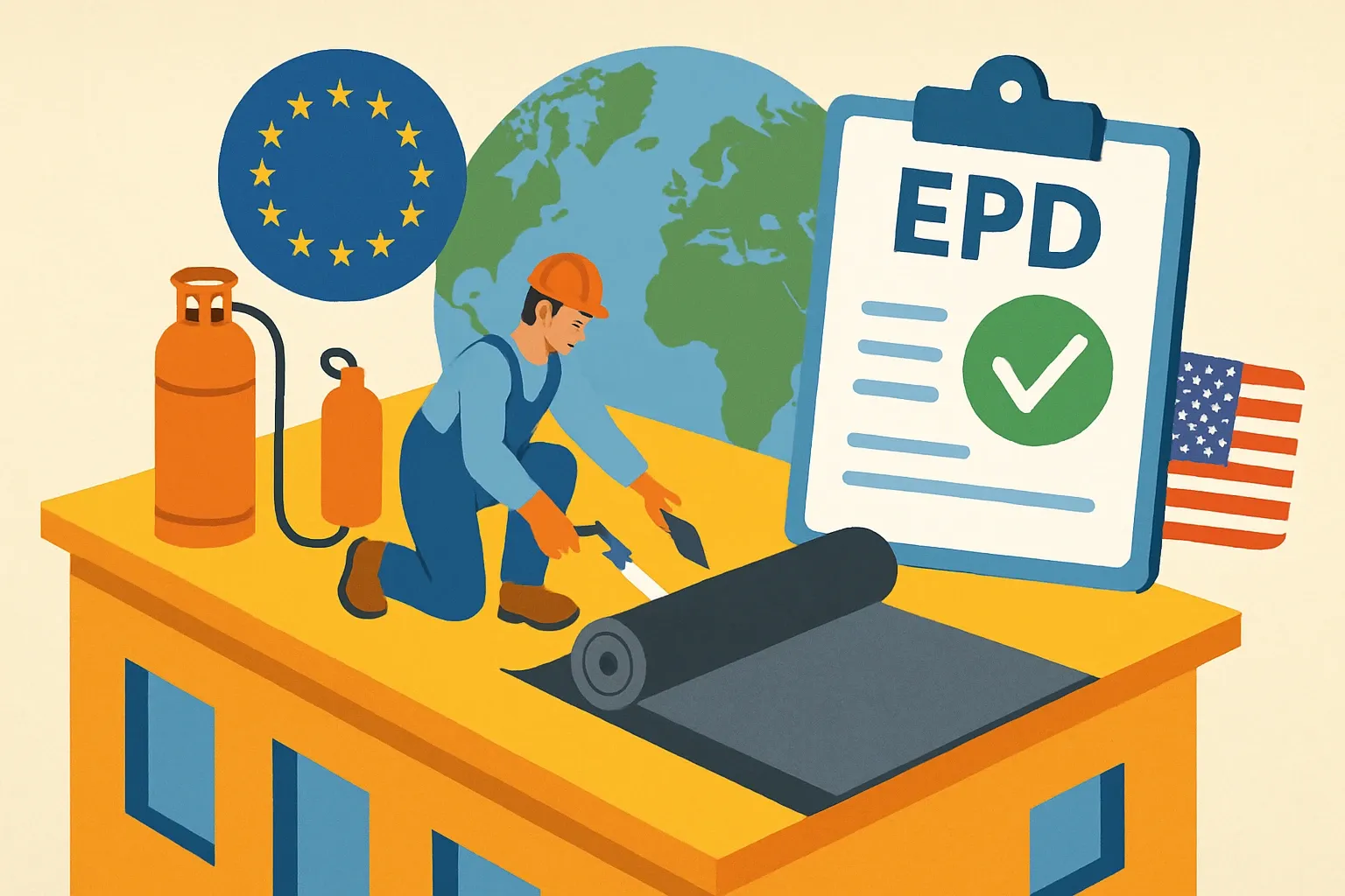 Generate an illustration for an article following this concept:

Is there an industry‑wide EPD for bitumen membranes?
Short answer for anyone searching “industry‑wide EPD bitumen roofing membranes” or “sector average EPD”: yes, in Europe there is a published sector EPD for flexible bitumen roof sheets. In North America, industry‑average EPDs exist for modified bitumen roof systems via the asphalt roofing trade association. The smarter play for manufacturers is to treat those as conservative benchmarks and out‑perform them with a product‑specific EPD.

Ensure that you use no text, as this illustration will be used on international translations of the article..

Use an illustrative style (e.g. isometic) and don't generate in a photorealistic style.