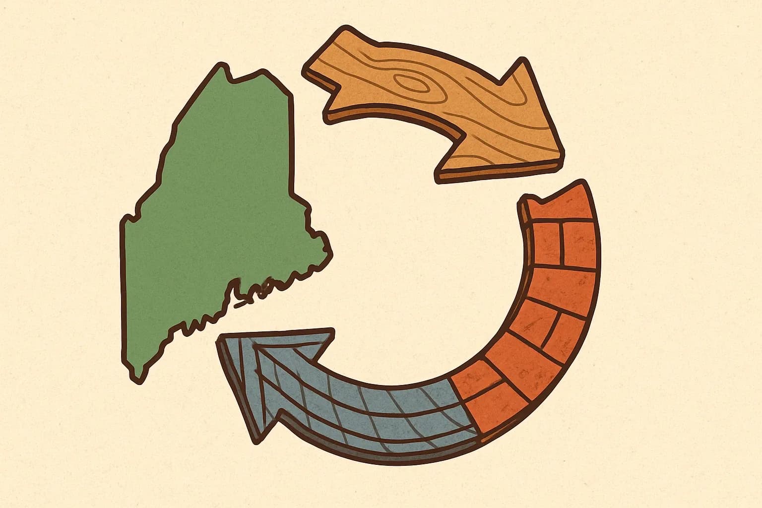 A simplified outline of Maine turning into a circular arrow made of recycled lumber, steel rebar, and brick pieces.