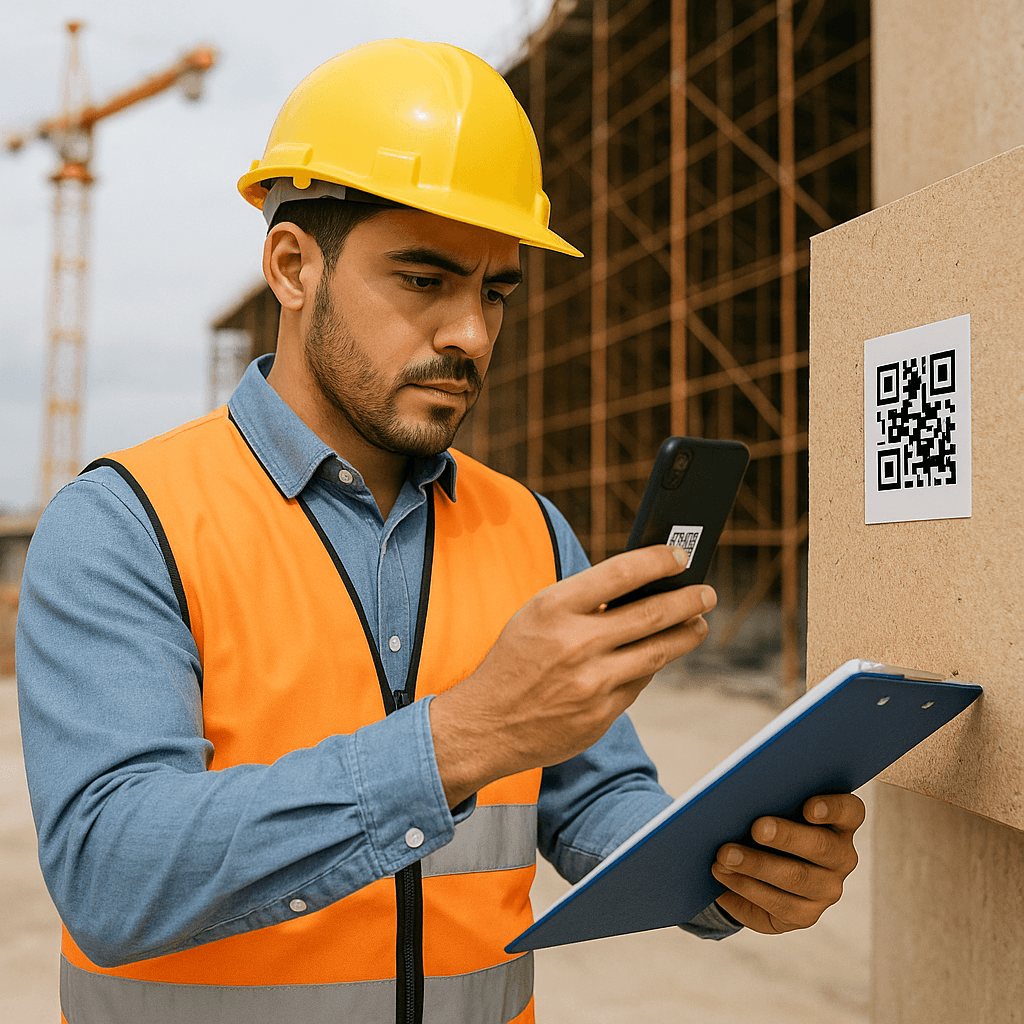 Man Scanning QR Code on Construction Site