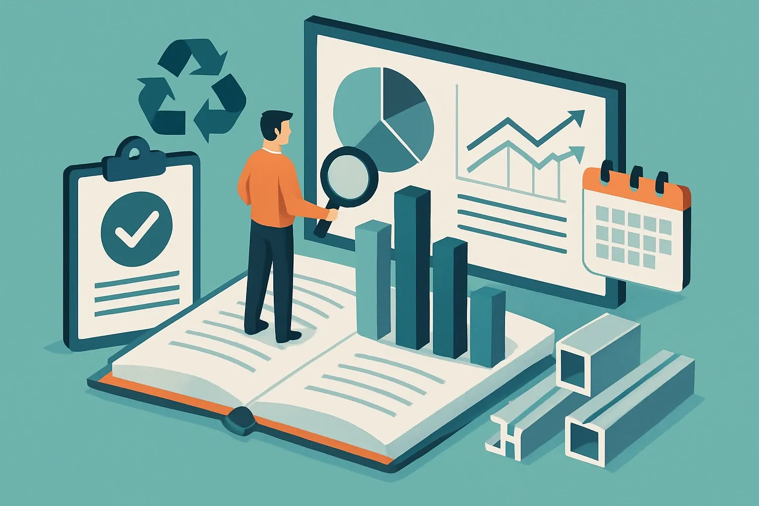 Generate an illustration for an article following this concept:

EPDs for Aluminium Extrusions in Europe: The Data Guide
Planning an EPD for aluminium extrusions in Europe in 2026? Here is the definitive, number‑driven snapshot of who is publishing, which rules they use, and what renewals are coming. If you also search for aluminium profiles, aluminum profiles, or aluminum sections, you are in the right place.

Ensure that you use no text, as this illustration will be used on international translations of the article..

Use an illustrative style (e.g. isometic) and don't generate in a photorealistic style.