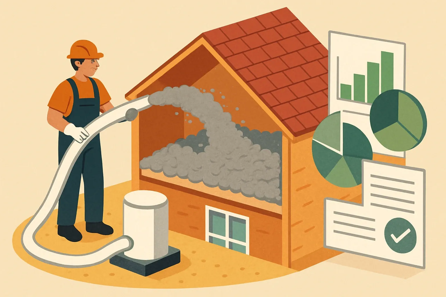 Generate an illustration for an article following this concept:

Blown-In Insulation EPDs in the U.S.: A Data Guide
Planning a blown-in (loose-fill, blowing wool) insulation EPD in 2026? Here is the definitive U.S. snapshot you can use to benchmark competitors, choose a PCR confidently, and time renewals smartly. All numbers below reflect the last five years of currently valid EPDs in this category. Due to registry loading delays, the very latest releases from late 2025 may not be visible yet.

Ensure that you use no text, as this illustration will be used on international translations of the article..

Use an illustrative style (e.g. isometic) and don't generate in a photorealistic style.