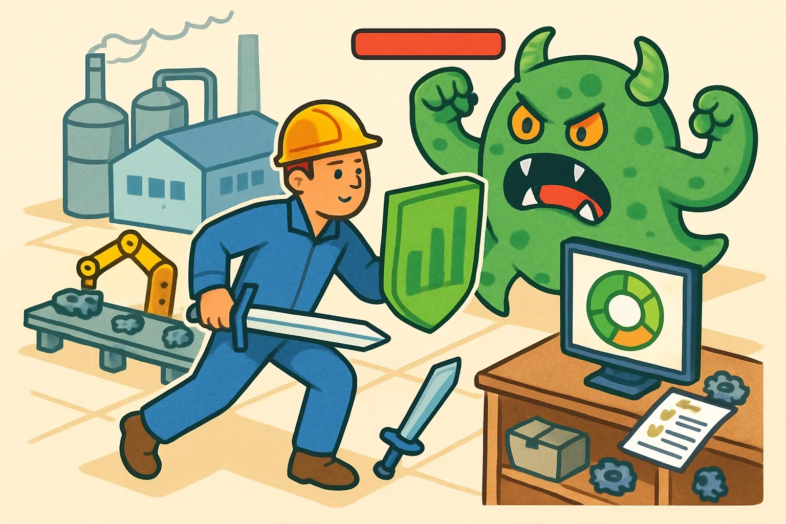 Generate an illustration for an article following this concept:

How Small Manufacturers Win With LCA
Specs move fast. Teams are thin. LCA can feel like a boss battle when resources are tight, yet it is also the cleanest line to more bids that actually stick. The trick is focusing on the first publishable result, then using that insight to reduce carbon and admin at the same time. Here is a pragmatic playbook that fits a startup calendar, not a research lab.

Ensure that you use no text, as this illustration will be used on international translations of the article..

Use an illustrative style (e.g. isometic) and don't generate in a photorealistic style.