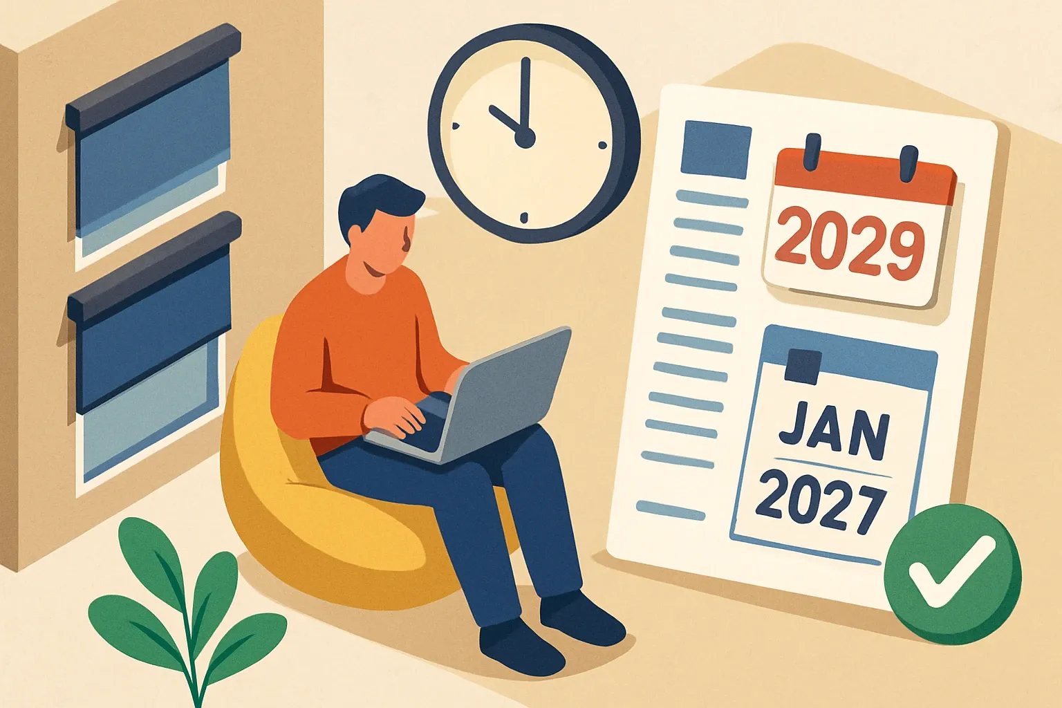 Generate an illustration for an article following this concept:

Griesser AG’s January 2027 expiry, already handled
Specifiers eyeing Griesser’s Solozip and Soloscreen textile screens can relax. The combined FDES for those façade awnings sunsets in January 2027, but separate, newer declarations for each line are already live and carry validity into late May 2029. That means no sudden submittal gap on projects that require EPDs, and no scramble to switch products mid‑bid.

Ensure that you use no text, as this illustration will be used on international translations of the article..

Use an illustrative style (e.g. isometic) and don't generate in a photorealistic style.