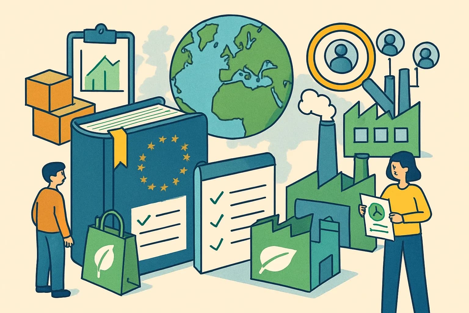 Generate an illustration for an article following this concept:

CSRD for manufacturers: what to know now
If Europe is part of your sales map, the Corporate Sustainability Reporting Directive is not background noise. It is the new operating system for investor‑grade sustainability data, and it touches product choices, supplier screening, and the credibility of every EPD you publish. Nearly 50,000 companies are expected to be in scope, which means your customers and competitors are reading from the same rulebook (European Parliament, 2022). ([europarl.europa.eu](https://www.europarl.europa.eu/news/en/press-room/20221107IPR49611/sustainable-economy-parliament-adopts-new-reporting-rules-for-multinationals?_cldee=0jxga2uvlr9xr0GH3uIePIDscS0ICWy8I-VLynQdlxB5YtyVRTr2cMxJLHmZNsRL&esid=a42f54eb-5c5f-ed11-9561-6045bd8952ce&recipientid=contact-ab85bbf7cca1eb11811a001dd8b72b61-07f98f57b0ea48fc93aa3f9823120520&utm_source=openai))

Ensure that you use no text, as this illustration will be used on international translations of the article..

Use an illustrative style (e.g. isometic) and don't generate in a photorealistic style.