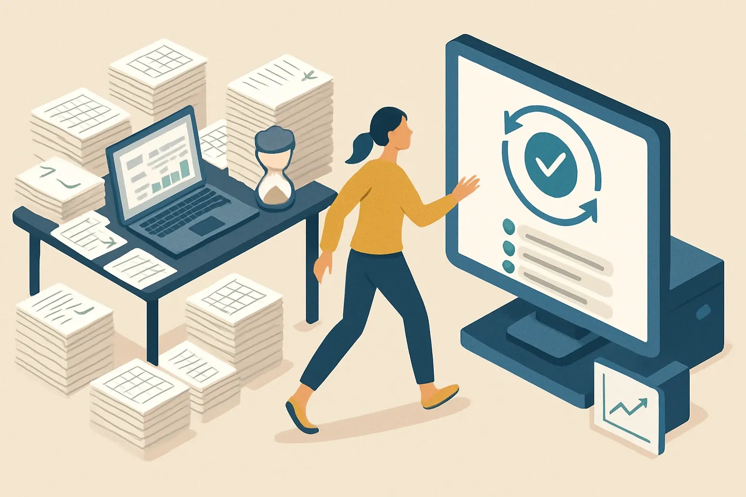 Generate an illustration for an article following this concept:

From Projects to Autopilot: How EPD Platforms Work
Most manufacturers still treat each EPD like a bespoke mini‑consulting project. Hours pile up, spreadsheets multiply, and renewals slip through the cracks. The result is a portfolio that goes stale just when sales needs it most. Here is how a modern, automated EPD management platform turns all of that into an always‑on system so busy teams can, finally, stop thinking about EPDs and focus on selling.

Ensure that you use no text, as this illustration will be used on international translations of the article..

Use an illustrative style (e.g. isometic) and don't generate in a photorealistic style.