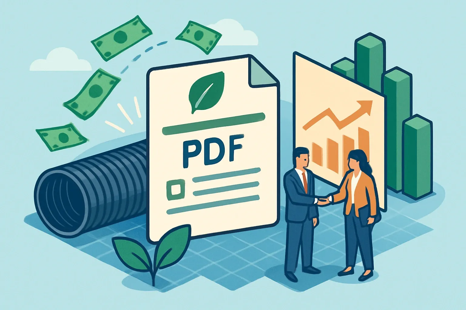 Generate an illustration for an article following this concept:

Congrats, Hynds PKS: first EPD enters the spec arena
Hynds PKS just published its first Environmental Product Declaration in June 2025 for PE100 spiral wound pipe. One clear document, now discoverable by buyers who score embodied carbon, moves their pipeline systems into more bids and fewer slowdowns. It is a small PDF with big commercial gravity.

Ensure that you use no text, as this illustration will be used on international translations of the article..

Use an illustrative style (e.g. isometic) and don't generate in a photorealistic style.