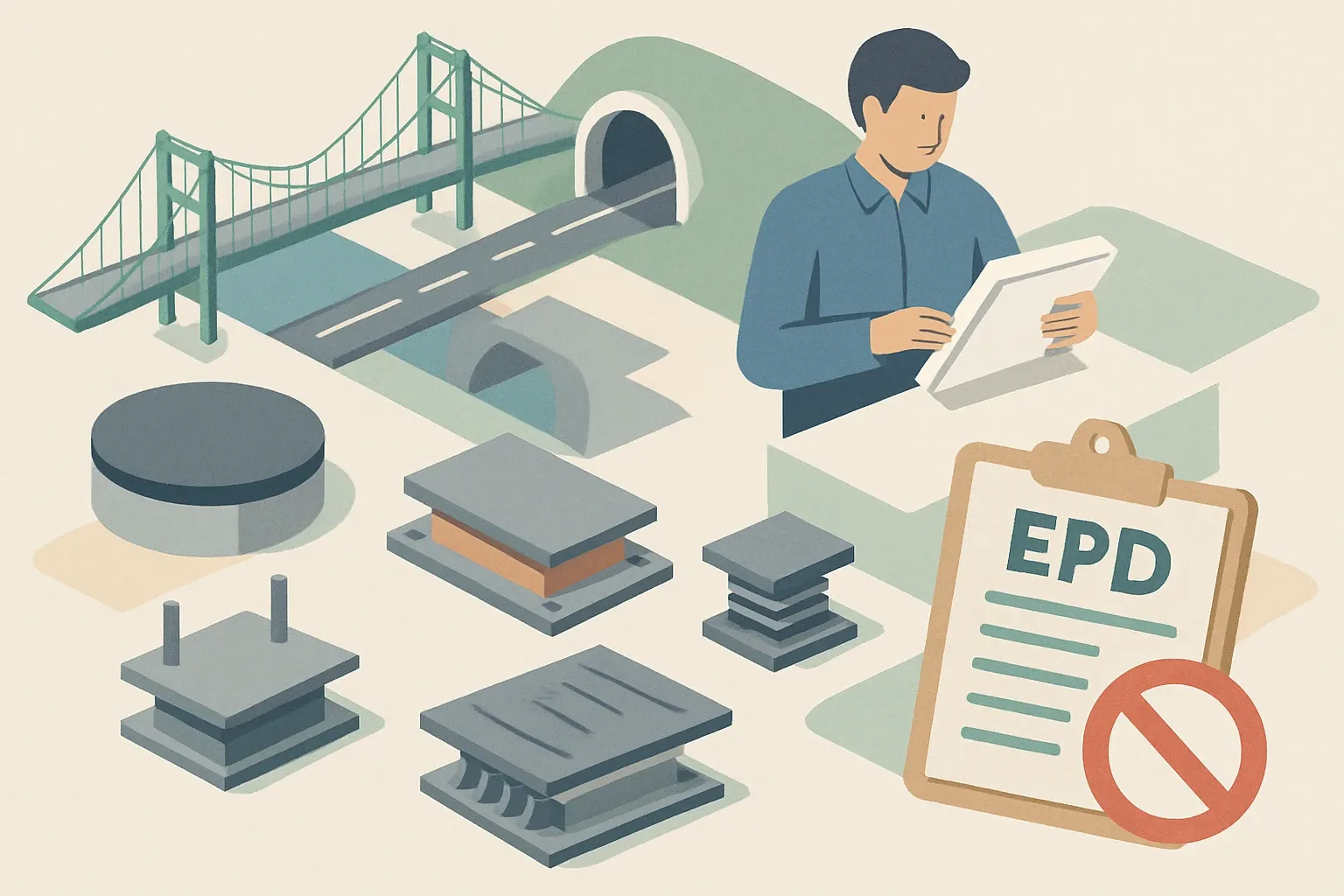 Generate an illustration for an article following this concept:

FIP Industriale: product range and EPD coverage snapshot
FIP Industriale is a familiar name on complex bridges, tunnels, and long‑span structures. The portfolio is broad and highly engineered, yet public, product‑specific EPDs are hard to find for their flagship lines. If a spec requires verified footprint data, that gap can quietly block them from shortlists even when performance is a perfect fit.

Ensure that you use no text, as this illustration will be used on international translations of the article..

Use an illustrative style (e.g. isometic) and don't generate in a photorealistic style.