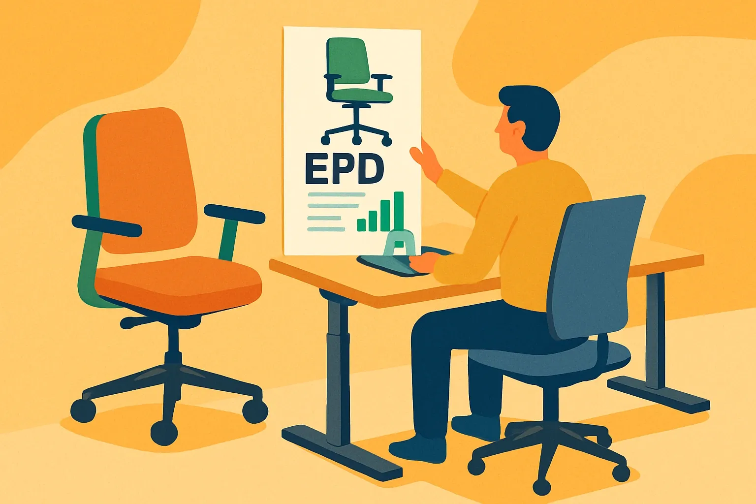 Generate an illustration for an article following this concept:

Congrats, VENTUS DANMARK’s first EPDs hit the market
Office furniture buyers care about speed and proof. VENTUS DANMARK just supplied the proof. Their first Environmental Product Declarations are live, giving specifiers verified numbers for a core set of chairs and a height‑adjustable desk frame.

Ensure that you use no text, as this illustration will be used on international translations of the article..

Use an illustrative style (e.g. isometic) and don't generate in a photorealistic style.