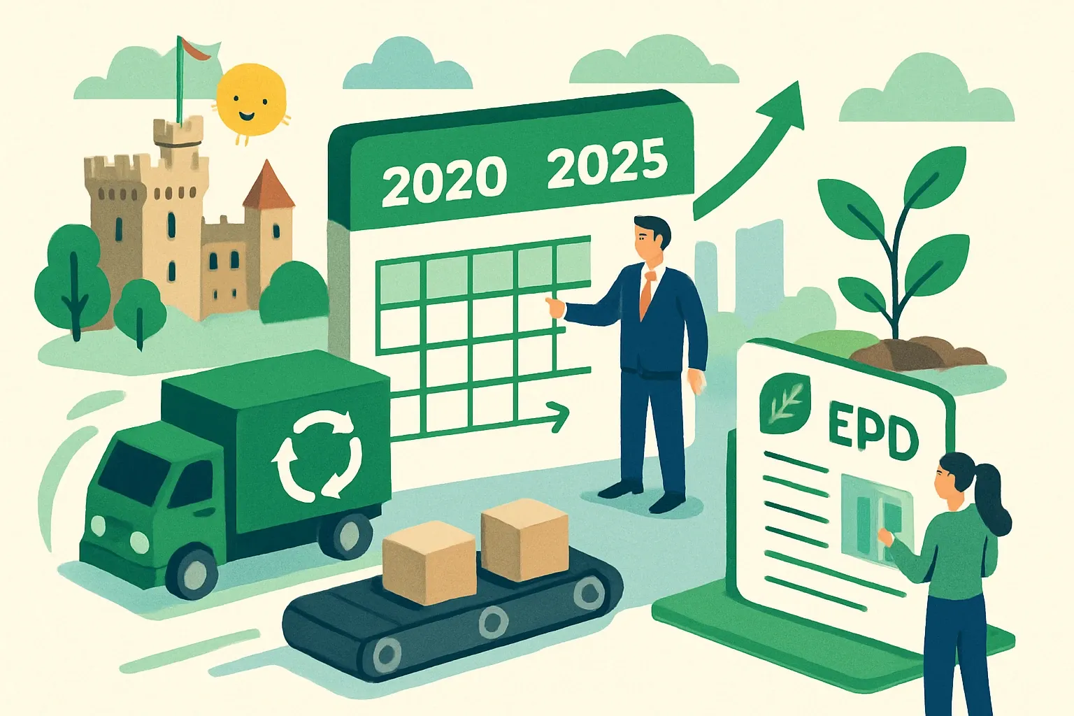 Generate an illustration for an article following this concept:
Windsor & Maidenhead climate strategy 2020 to 2025 for EPDs
Making sales in the Royal Borough is getting greener and sharper. The council’s climate strategy is rolling into a refreshed plan through March 2026, plus a new Sustainability SPD that raises the bar for materials and proof. If a product’s carbon story is fuzzy, it slides to the back of the queue. An EPD makes the story crisp.
Ensure that you use no text, as this illustration will be used on international translations of the article..
Use an illustrative style (e.g. isometic) and don't generate in a photorealistic style.