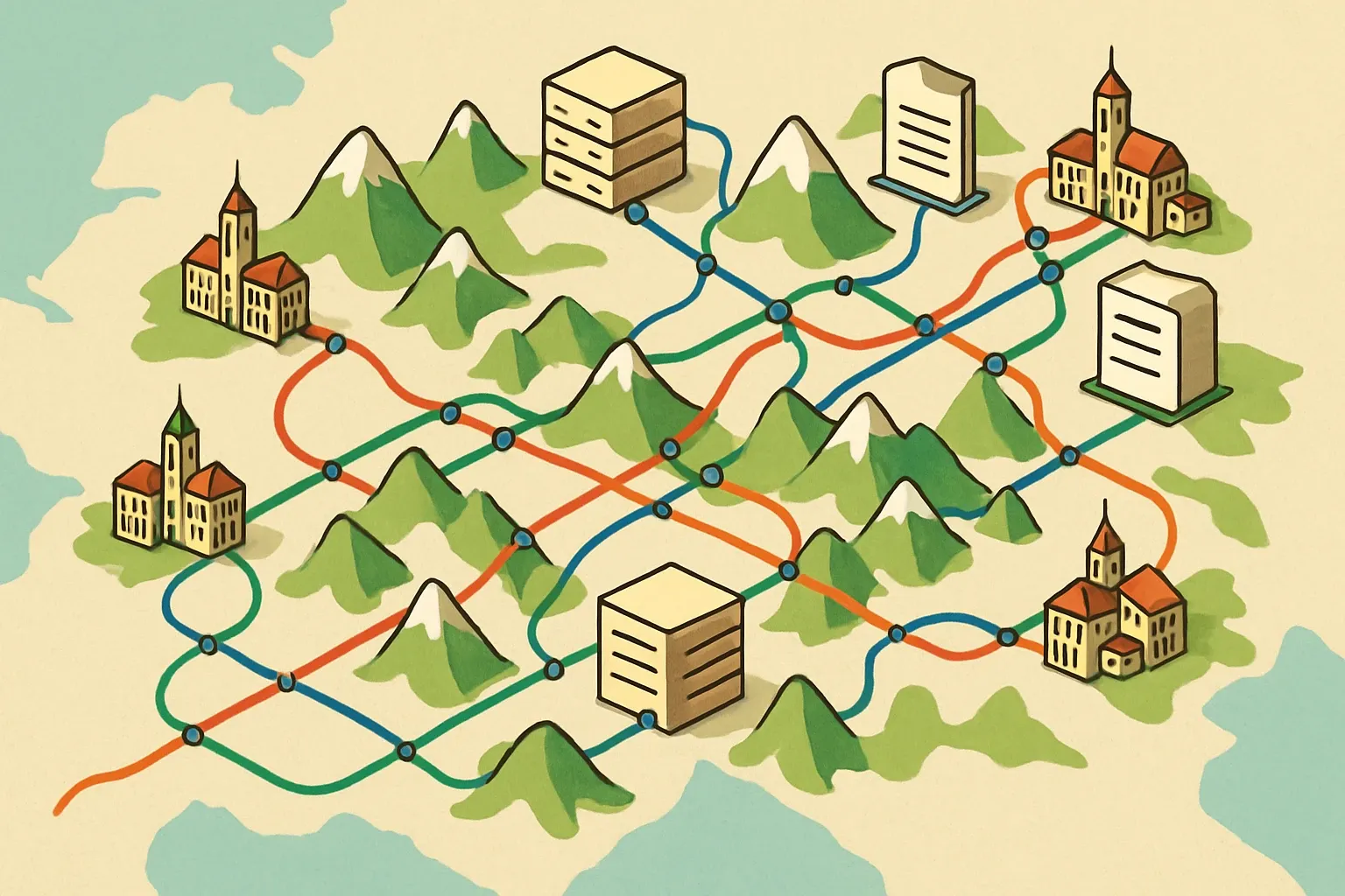 A stylized Alpine map where train lines connect major cities to icons for program operators and databases, signaling how data flows across borders.