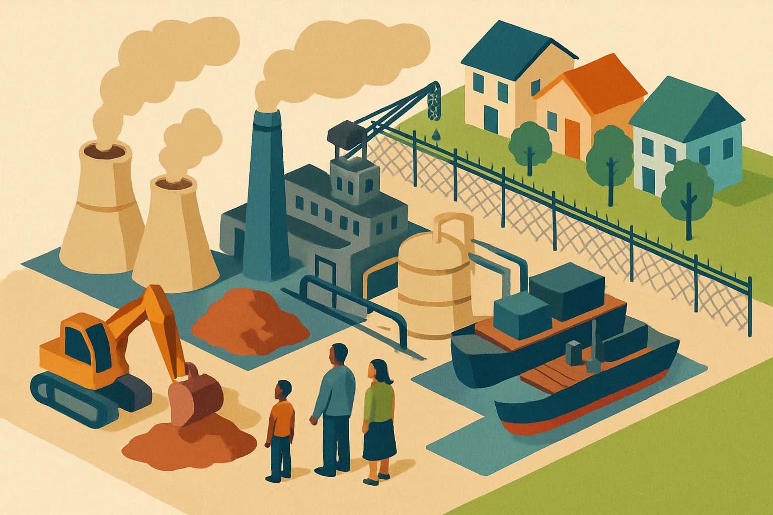 Generate an illustration for an article following this concept:
Fenceline communities and material choices
Material health is not only an indoor air or carbon story. It is also a neighbor story. Extraction, processing, and assembly can burden the people living beside plants, quarries, refineries, and ports. Specifiers are asking for proof that impacts are reduced at the source, not shifted offsite. Manufacturers who document this well earn trust, reduce bid friction, and stay on shortlists when projects must show equity and ecosystem care alongside performance.
Ensure that you use no text, as this illustration will be used on international translations of the article..
Use an illustrative style (e.g. isometic) and don't generate in a photorealistic style.