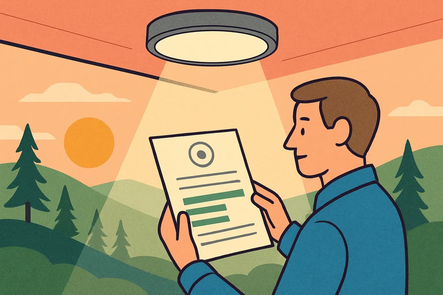 Generate an illustration for an article following this concept:
Westal’s first EPD lights the way
A Scandinavian lighting mainstay just flipped on verified transparency. Westal has published its first product‑specific Environmental Product Declaration for a core ceiling and wall luminaire, giving specifiers clean numbers and a simpler path to say yes in carbon‑counted projects.
Ensure that you use no text, as this illustration will be used on international translations of the article..
Use an illustrative style (e.g. isometic) and don't generate in a photorealistic style.