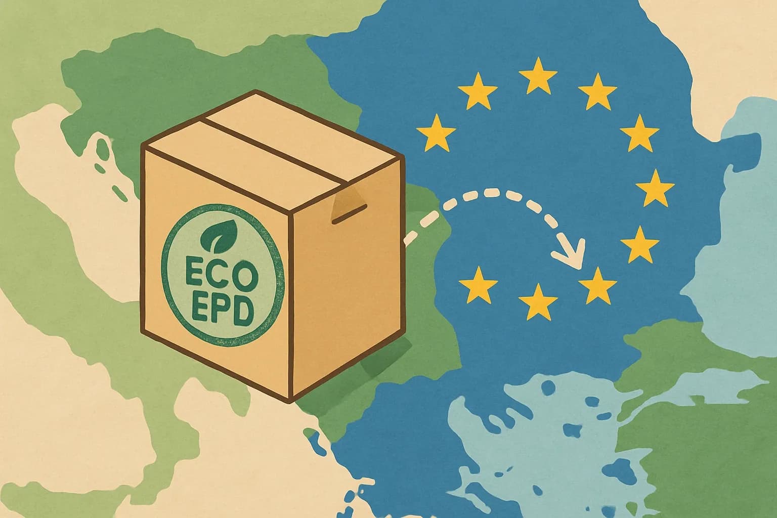 A product carton stamped with a stylized "ECO EPD" visa sticker moving across a simple Balkans‑to‑EU map, symbolizing mutual recognition.