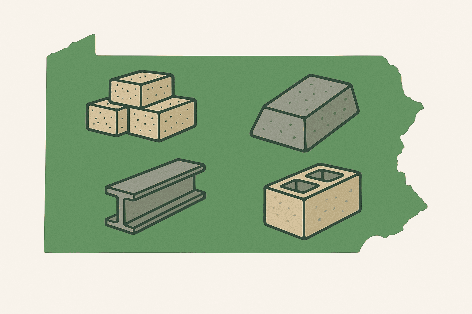 Pennsylvania state outline filled with icons representing sustainable materials Includes hempcrete blocks, low-carbon concrete, recycled steel — connecting geography to the material study’s scope.