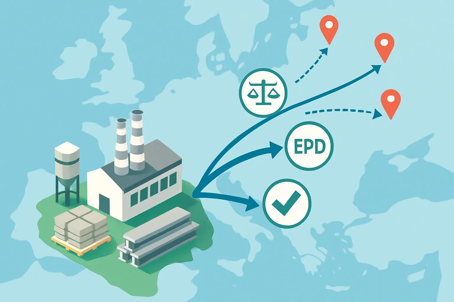 A clean map showing a manufacturing plant in Bosnia shipping steel and cement products to EU cities, with icons for CBAM, EPD, and verification along the route.