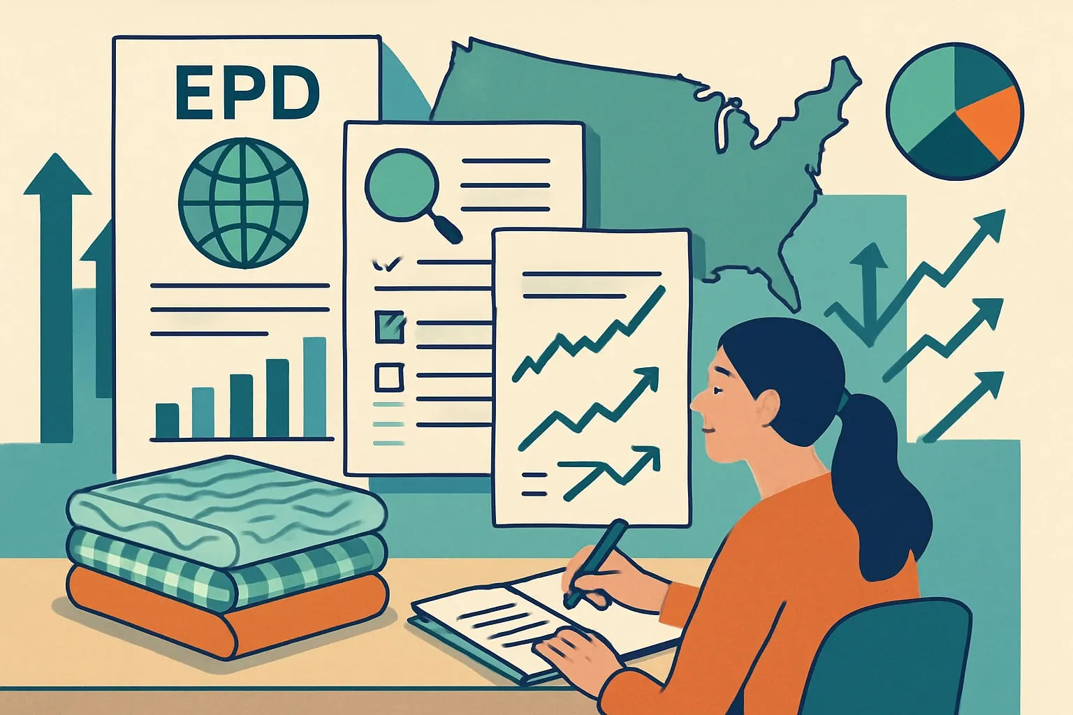Generate an illustration for an article following this concept:
EPDs for Textiles in the United States
Planning a first textile EPD or a portfolio refresh in 2026? Here is the clearest, data‑backed view of who is publishing, which program operators they use, and the PCRs winning real adoption in the United States. Use it to pick the right rulebook, avoid dead‑ends, and time your launch for maximum spec impact in 2026.
Ensure that you use no text, as this illustration will be used on international translations of the article..
Use an illustrative style (e.g. isometic) and don't generate in a photorealistic style.