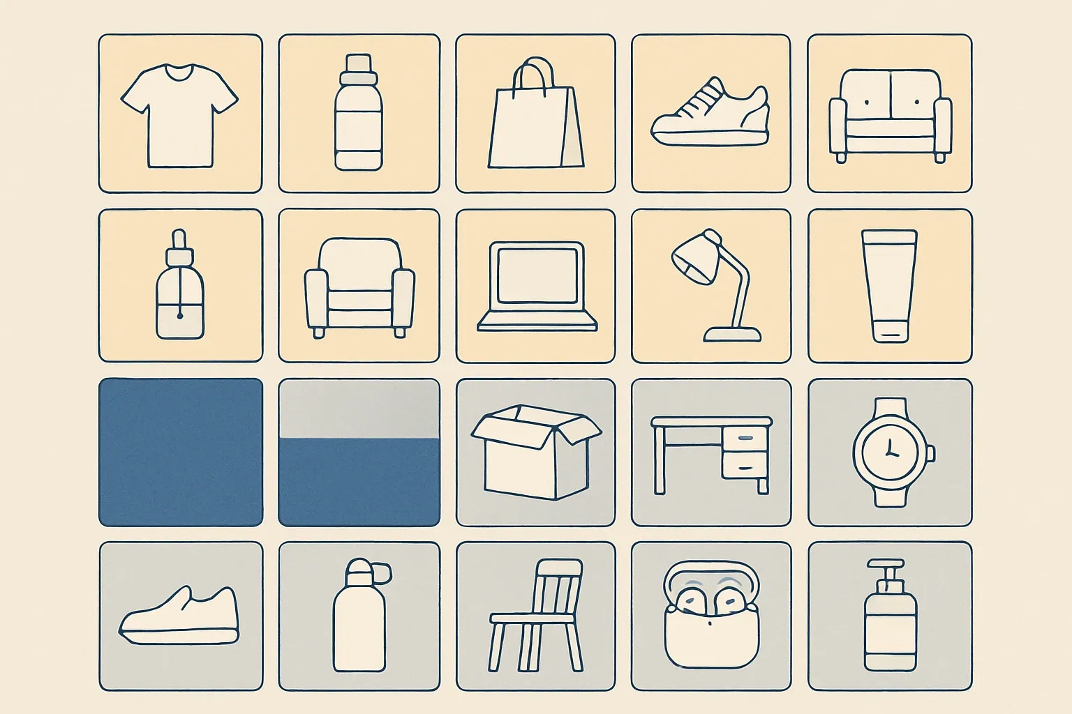 A grid of 20 minimalist product icons filling up like a progress bar, visually signaling the Mat 02 threshold.