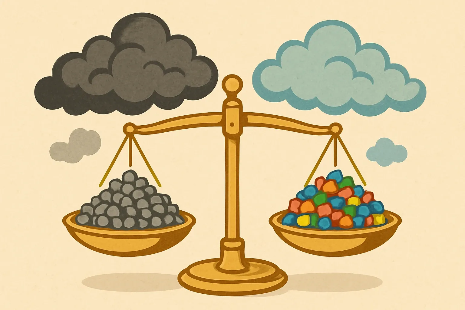 Two pans on a balance scale, one with grey virgin pellets and a heavy carbon cloud overhead, the other with colorful recycled pellets and a lighter cloud, showing the GWP drop by feedstock choice.