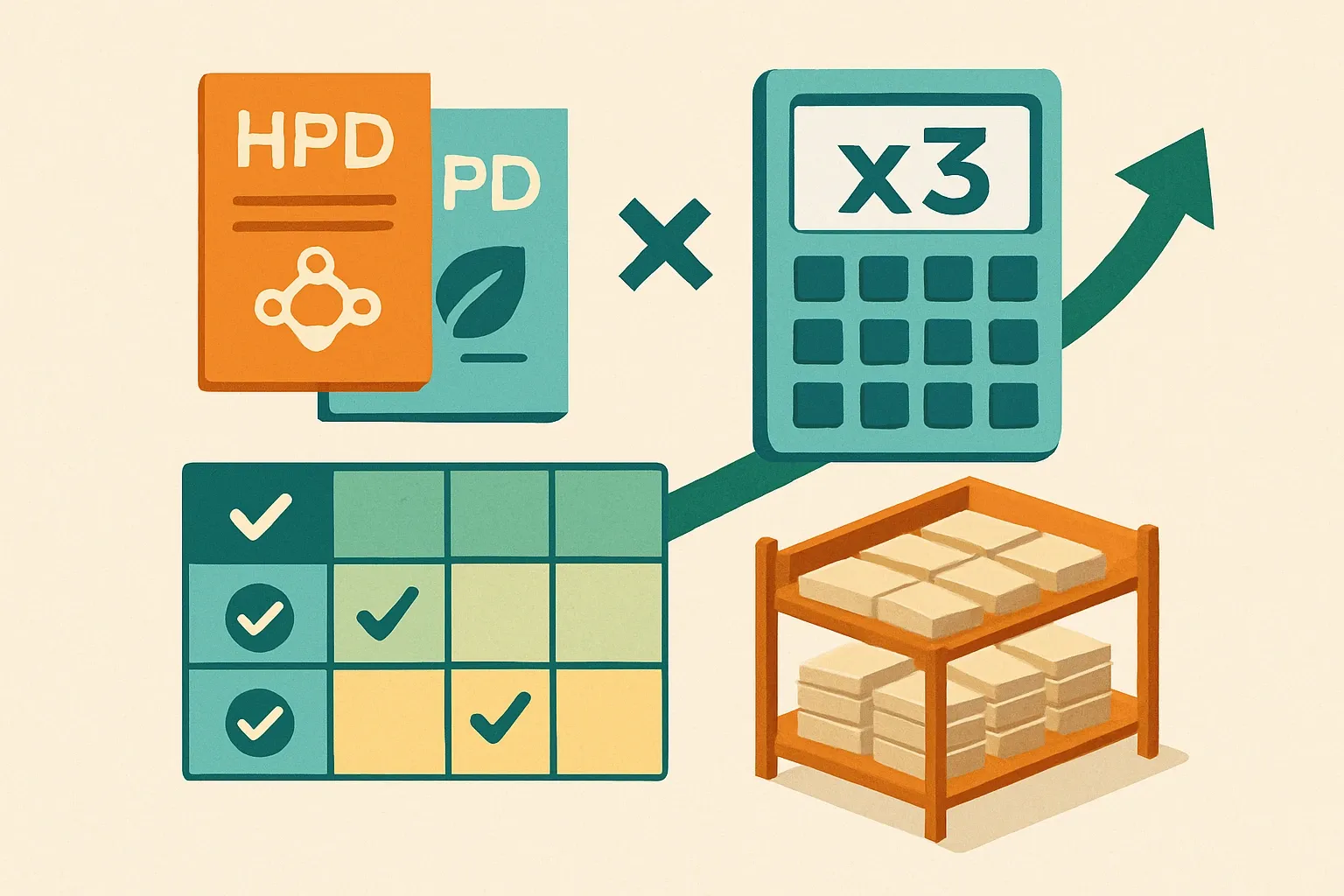 Generate an illustration for an article following this concept:
HPDs Just Became Your LEED v5 Multiplier
LEED v5 rolls EPDs, HPDs, and responsible sourcing into one materials credit that scores products on a three‑level matrix. When a product pairs a verified EPD with material health data, its value is multiplied in the project calculator. That means every qualifying SKU can count two to three times more toward a team’s target without adding new products, which quietly tilts specs and bids in your favor.
Ensure that you use no text, as this illustration will be used on international translations of the article..
Use an illustrative style (e.g. isometic) and don't generate in a photorealistic style.