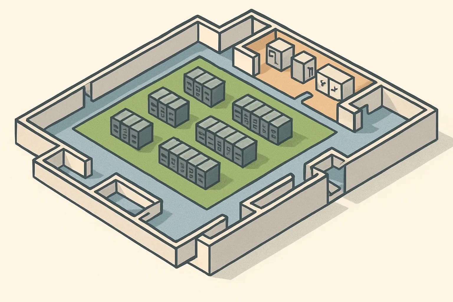 An overhead plan of a data center with three colored zones highlighting where each resin system type appears, including data halls, then mechanical and battery rooms, and lastly corridors and white space.