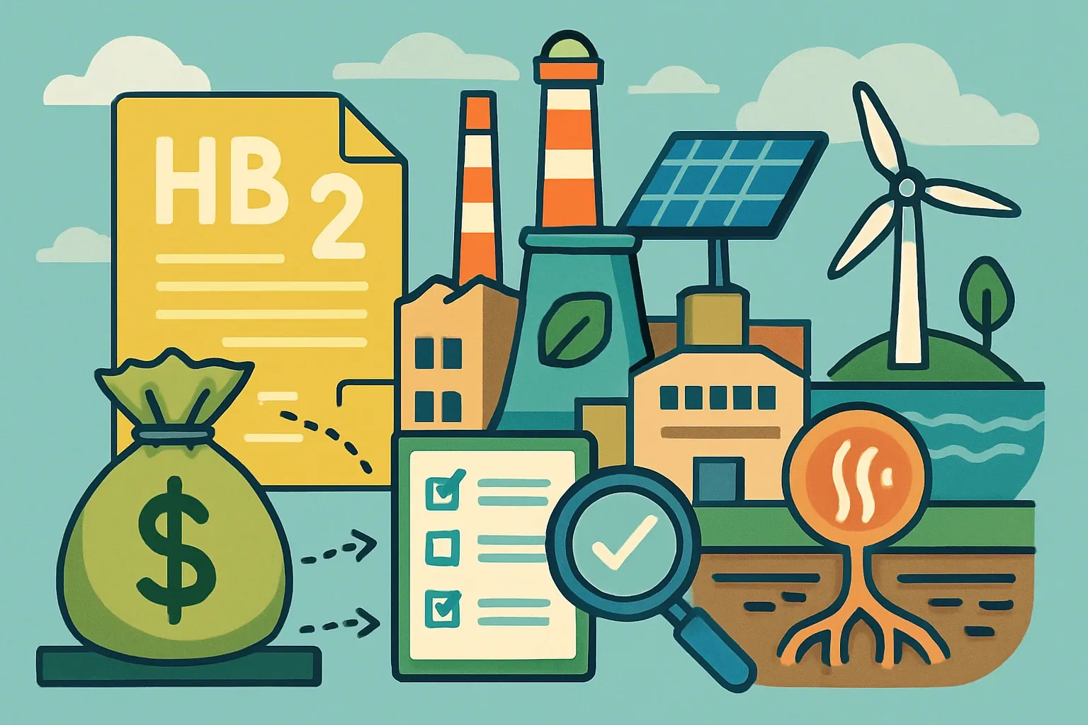 Generate an illustration for an article following this concept:
New Mexico HB 2, 2026: Budget signals for EPD strategy
HB 2 is New Mexico’s 2026 budget, not a new Buy Clean rule, yet it quietly tilts the playing field for materials makers. Fresh funding flows to industrial decarbonization, grid modernization, geothermal, and water programs. That mix favors manufacturers who can document low‑carbon processes and back claims with third‑party EPDs and HPDs. Expect more grant RFPs and project scoring that reward transparent, verifiable numbers. If your team can move fast on data collection and verification, you win time and you win specs.
Ensure that you use no text, as this illustration will be used on international translations of the article..
Use an illustrative style (e.g. isometic) and don't generate in a photorealistic style.