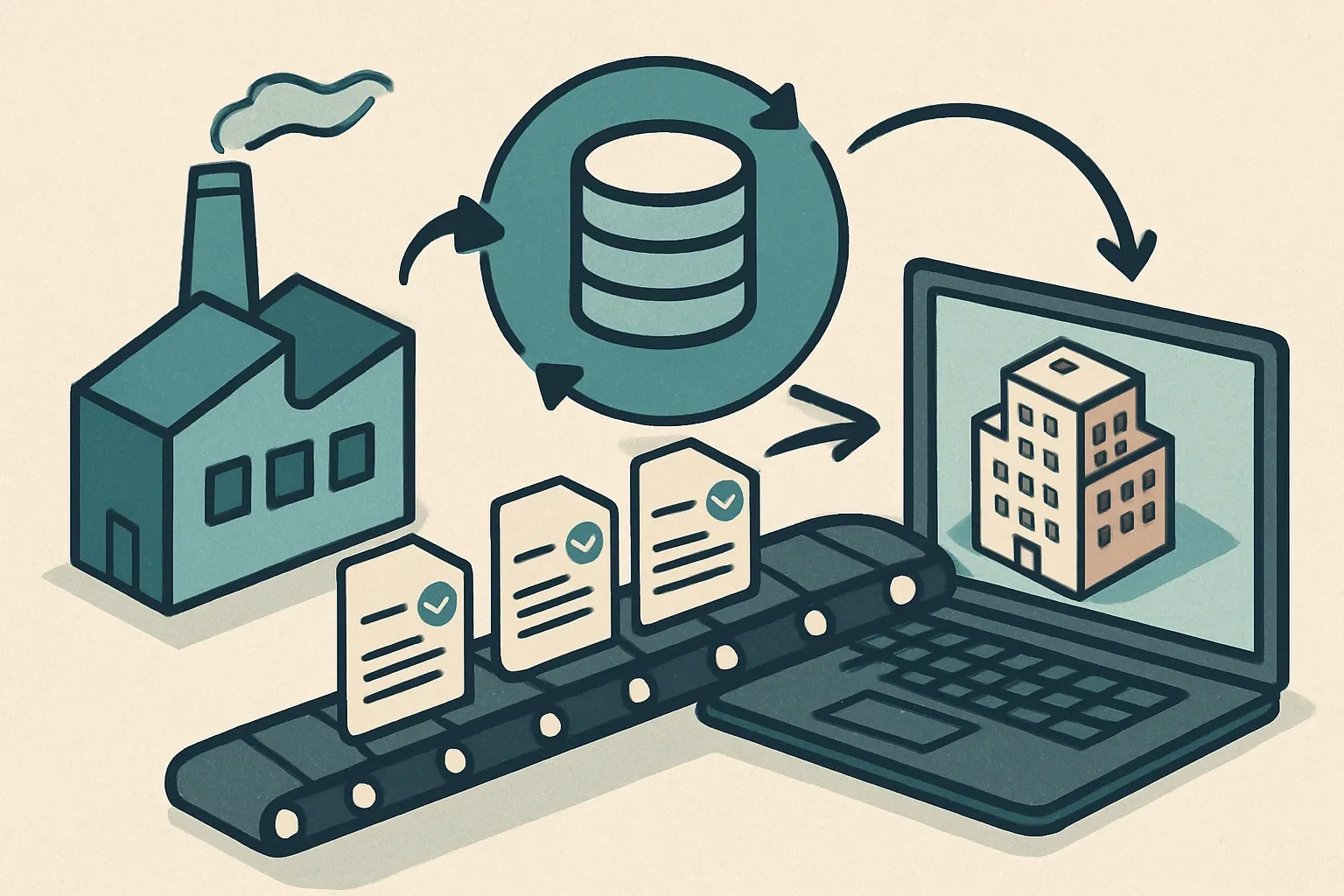 A stylized conveyor from a factory feeding verified data cards into a central INIES hub that then streams into a building model on a laptop, showing the loop from manufacturing to design software.