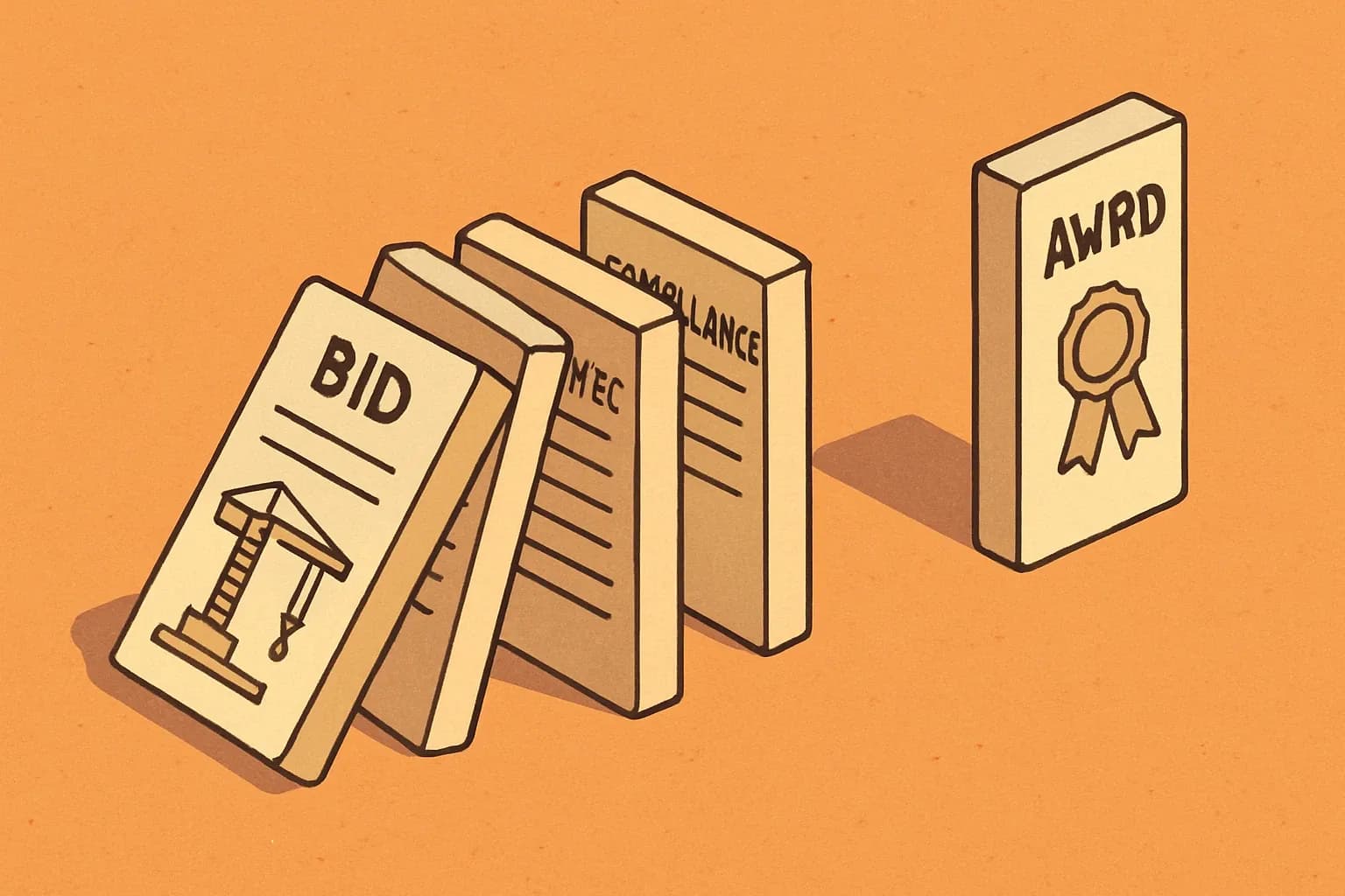 A row of construction bid documents represented as upright dominoes labeled Bid, Spec, Compliance, EPD, Award. The EPD domino is missing, causing the chain to stop before Award.