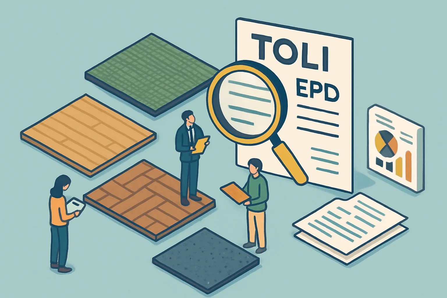 Generate an illustration for an article following this concept:
TOLI flooring in focus, products and EPDs
TOLI is a century‑old Japanese interiors brand that competes on design breadth and quality across commercial flooring. Specifiers know the name. What they need next is simple EPD coverage, collection by collection, so choosing TOLI never slows a bid or a LEED v5 scorecard.
Ensure that you use no text, as this illustration will be used on international translations of the article..
Use an illustrative style (e.g. isometic) and don't generate in a photorealistic style.