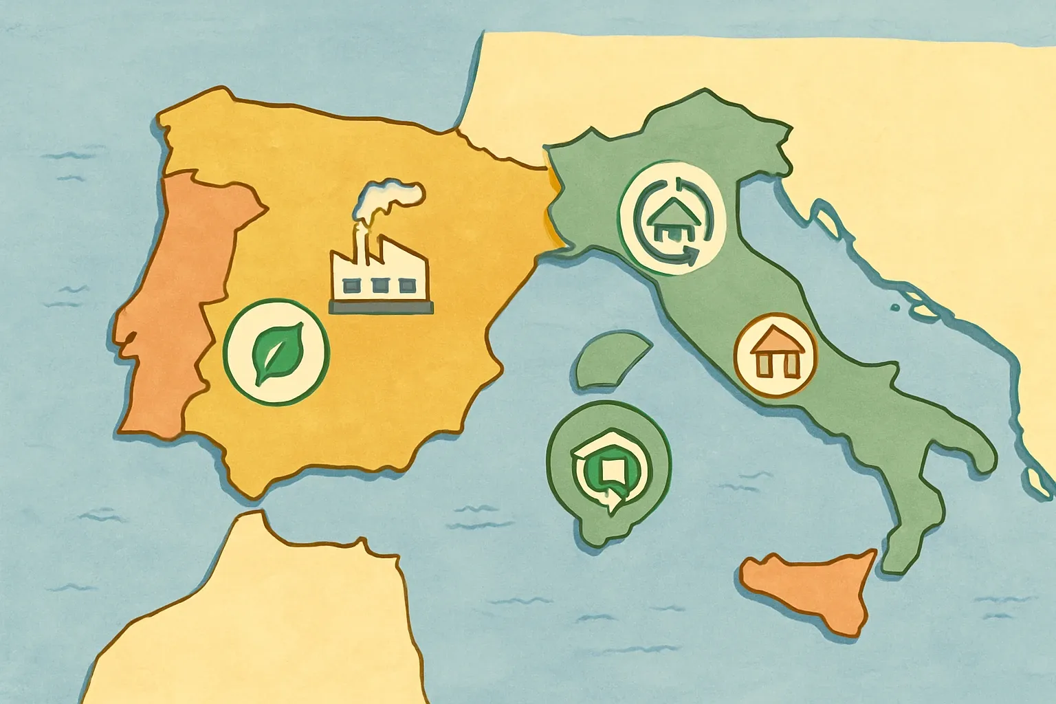 A clean map of Spain, Italy, Portugal, and Greece with small icons for the main program operators used in each country.