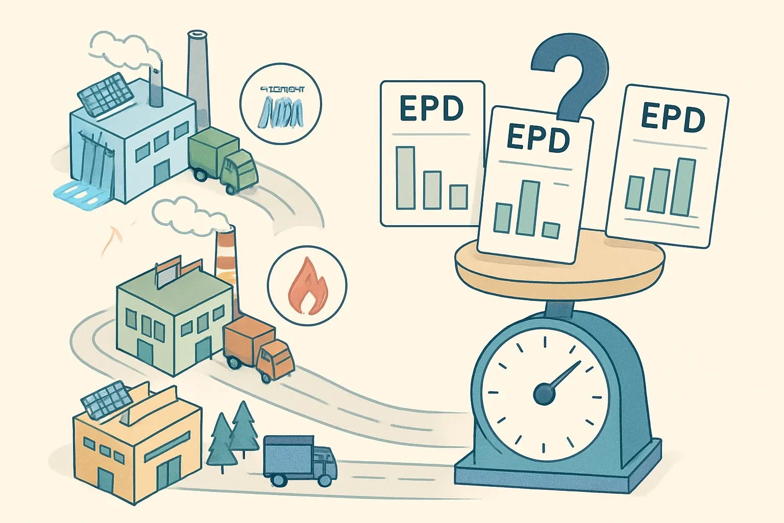 Generate an illustration for an article following this concept:
Multi‑plant EPDs: average, plant‑specific, or both?
You make the same product in three plants. One runs mostly on hydro, another on gas, the third on a mix with longer trucking routes. Procurement keeps asking for facility data while your team wants one fast declaration to unlock bids. Here is the clearest path to pick between an averaged EPD, multiple plant‑specific EPDs, or a hybrid that actually wins work.
Ensure that you use no text, as this illustration will be used on international translations of the article..
Use an illustrative style (e.g. isometic) and don't generate in a photorealistic style.
