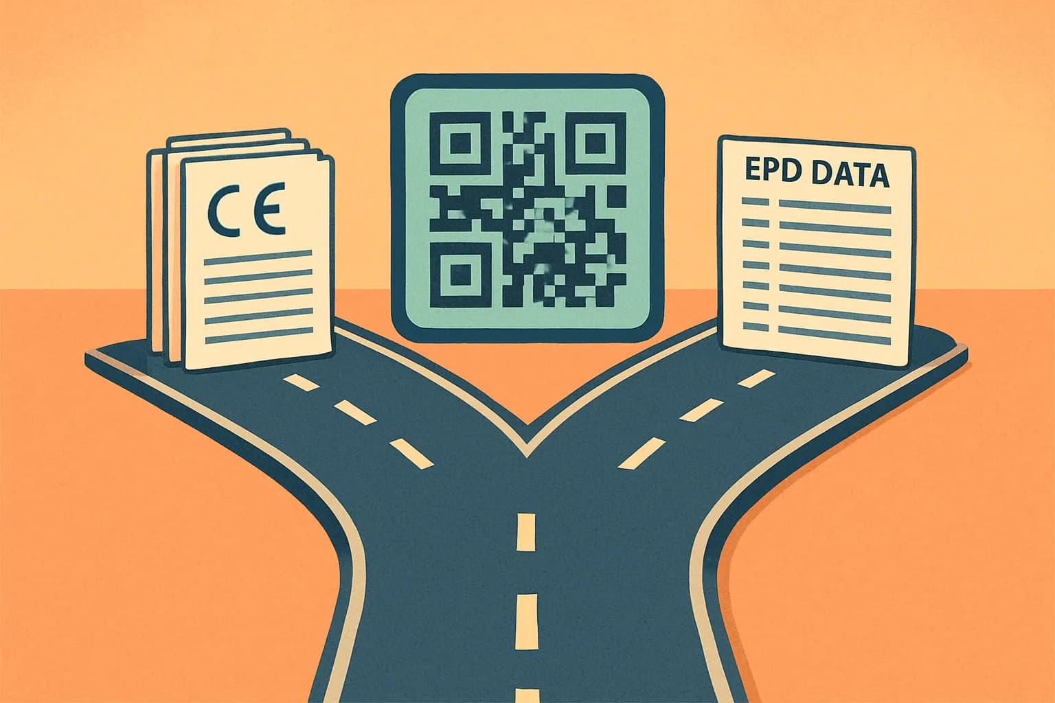 A split roadway where one lane is labeled CE compliance documents and the other EPD data, merging into a single digital pass with a QR motif that hints at a Digital Product Passport.