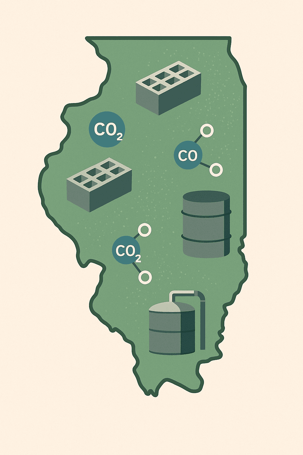 Map of Illinois filled with icons like concrete blocks, CO₂ molecules, and carbon storage tanks Represents the geographic focus of the act and its intersection of construction and carbon capture.