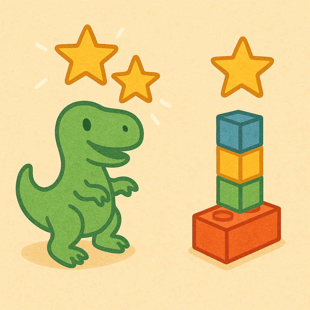 A cute green dinosaur toy happily receives three golden stars, while a colorful stack of toy bricks earns one star beside it.