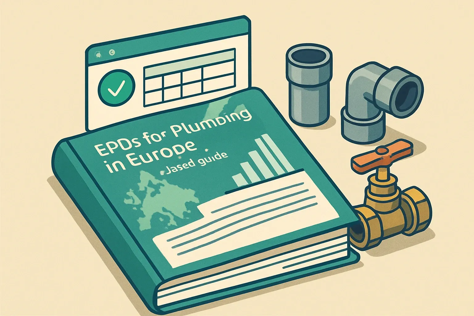 Generate an illustration for an article following this concept:
EPDs for Plumbing in Europe, the data-based guide
If you make pipes, fittings, valves, or sanitary drainage systems for Europe, this 2026 snapshot distills the entire EPD landscape into a single page. Based on the public registry architects and specifiers rely on, the numbers below reflect current postings as of Jan 20, 2026.
Ensure that you use no text, as this illustration will be used on international translations of the article..
Use an illustrative style (e.g. isometic) and don't generate in a photorealistic style.