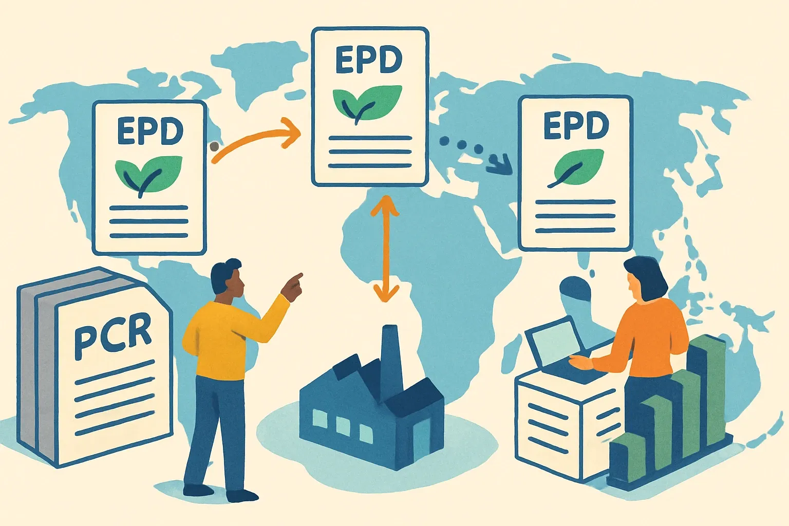 Generate an illustration for an article following this concept:
EPD World News: May 2026, Region by Region
May packed real movement for product transparency. For manufacturers, the headline is simple. EPD rules and databases tightened across major markets, and LEED v5 timelines clarified. That shifts bid math. Products with current, well‑documented EPDs glide through procurement while others stall in RFI loops. If you sell into multiple regions, this month’s updates affect which PCR you use, how you report carbon, and how quickly your team can get specified.
Ensure that you use no text, as this illustration will be used on international translations of the article..
Use an illustrative style (e.g. isometic) and don't generate in a photorealistic style.